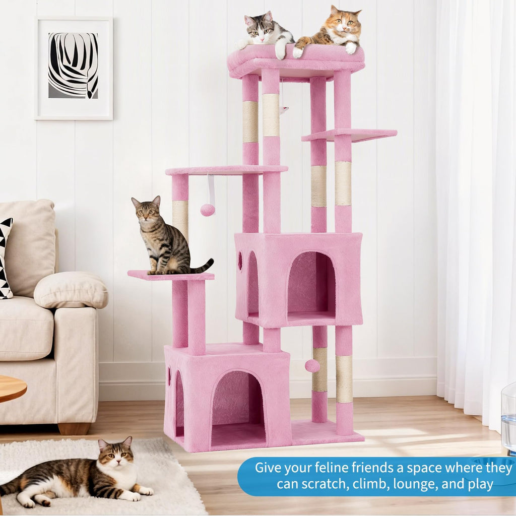 Garvee 61" Multi-Level Cat Tree for Indoor Cats, Heavy-Duty Tower for Large Adult & Maine Coon Cats with Oversized Perch, Dual Condos, Natural Sisal Scratching Posts & Play Toys – Pink