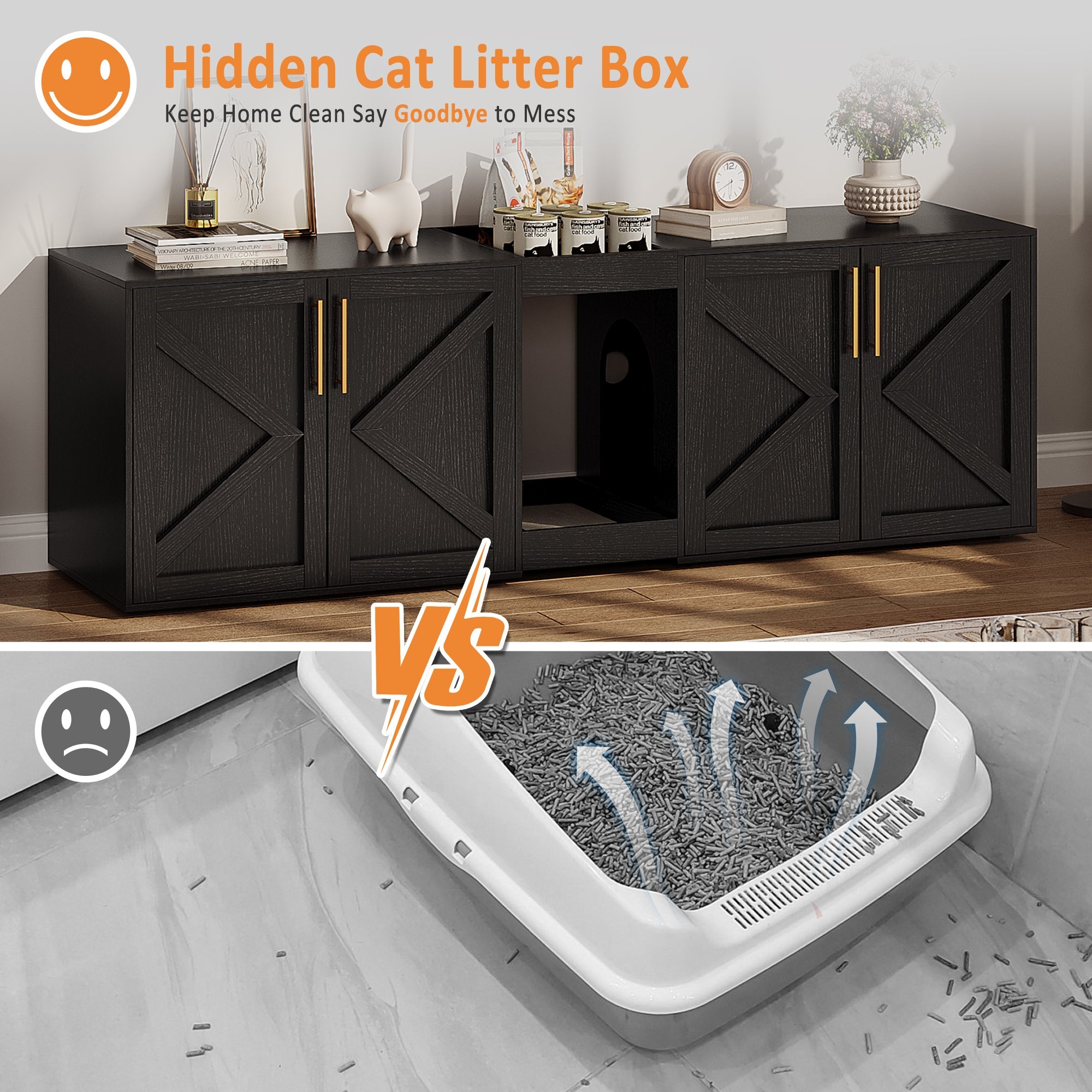 Garvee Modern Double Room Cat Litter Box Enclosure - Large Hidden Wooden Cat Washroom Cabinet for 2 Cats with Storage Shelf, Soft Cushion, End Table TV Stand - Catnip Toy Compatible - Black