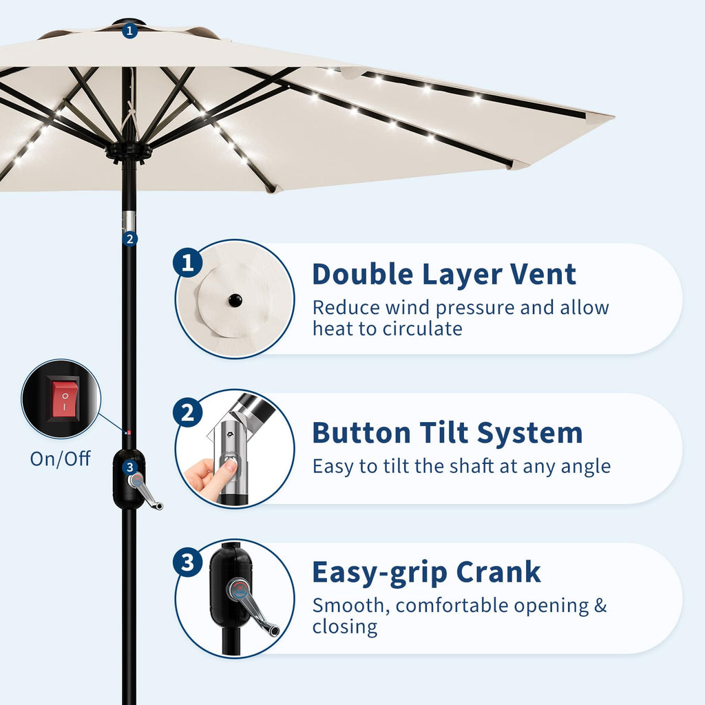Garvee 10 FT Patio Umbrella with Solar Lights, Outdoor Table Umbrella with 8 Durable Ribs, Tilt & Crank Mechanism, Waterproof & UV Protection for Garden, Backyard, Poolside, Beige
