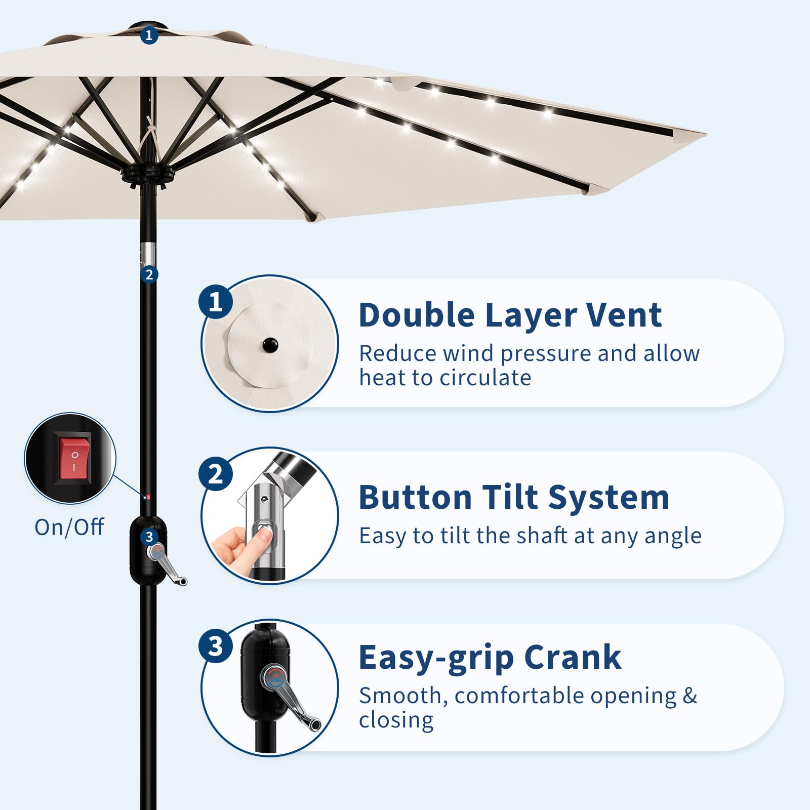 Garvee 10 FT Patio Umbrella with Solar Lights, Outdoor Table Umbrella with 8 Durable Ribs, Tilt & Crank Mechanism, Waterproof & UV Protection for Garden, Backyard, Poolside, Beige