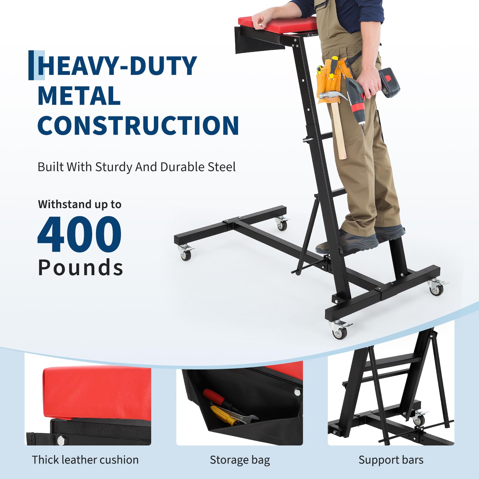 Garvee Automotive Engine Creeper - Heavy-Duty Foldable Steel Frame with Adjustable Height (45.7"-66.3"), Padded Deck, 6 Wheels, and 400 lbs Capacity for Auto Repair, Black, Vertical Base
