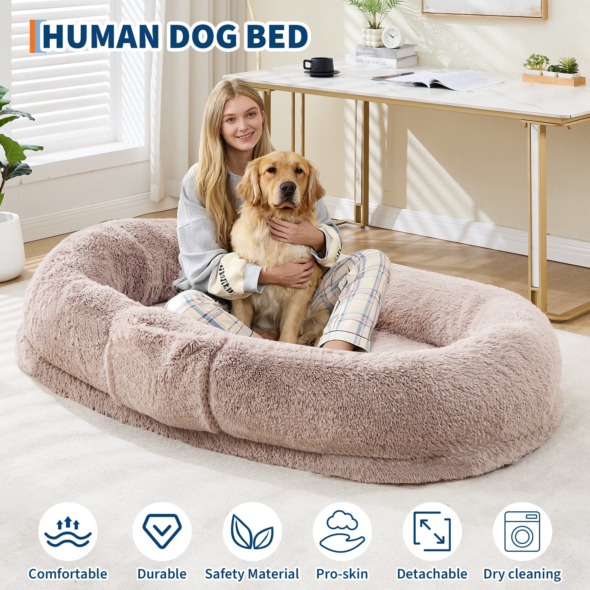 Garvee Orthopedic Memory Foam Dog Bed for Adults & Pets – Oversized Bean Bag Sofa, Washable Faux Fur Cover, Side Pocket, Waterproof, Calming Nap Couch for Living Room or Bedroom – Light Brown