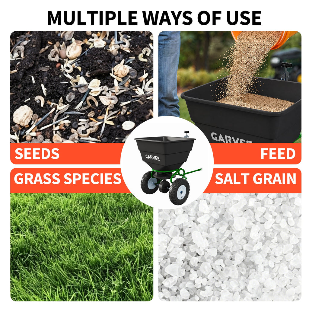 Garvee Tow-Behind Broadcast Spreader, 110 lbs Capacity with 10-Inch Pneumatic Tires, Universal Hitch and Feeder Cover for Seed, Fertilizer and Salt, Green