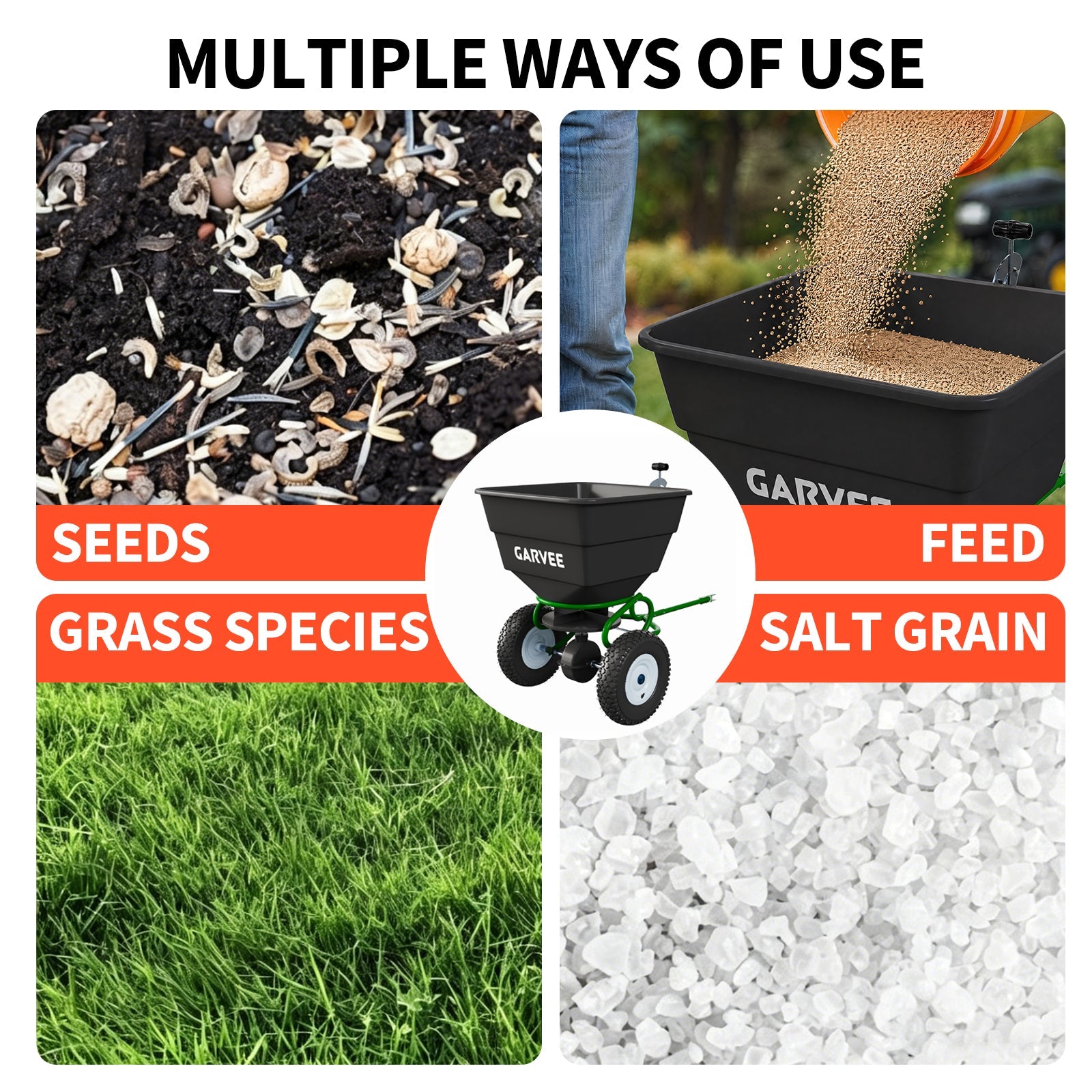 Garvee Tow-Behind Broadcast Spreader, 110 lbs Capacity with 10-Inch Pneumatic Tires, Universal Hitch and Feeder Cover for Seed, Fertilizer and Salt, Green