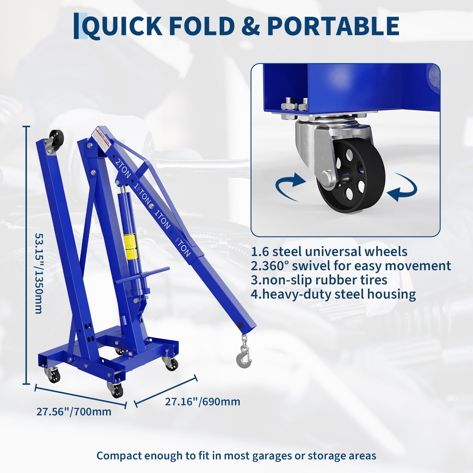 Garvee 2 Ton Folding Hydraulic Engine Hoist with Leveler and Safety Stand, 4400 lbs Capacity Heavy Duty Shop Crane Cherry Picker, 8 Ton Ram,
