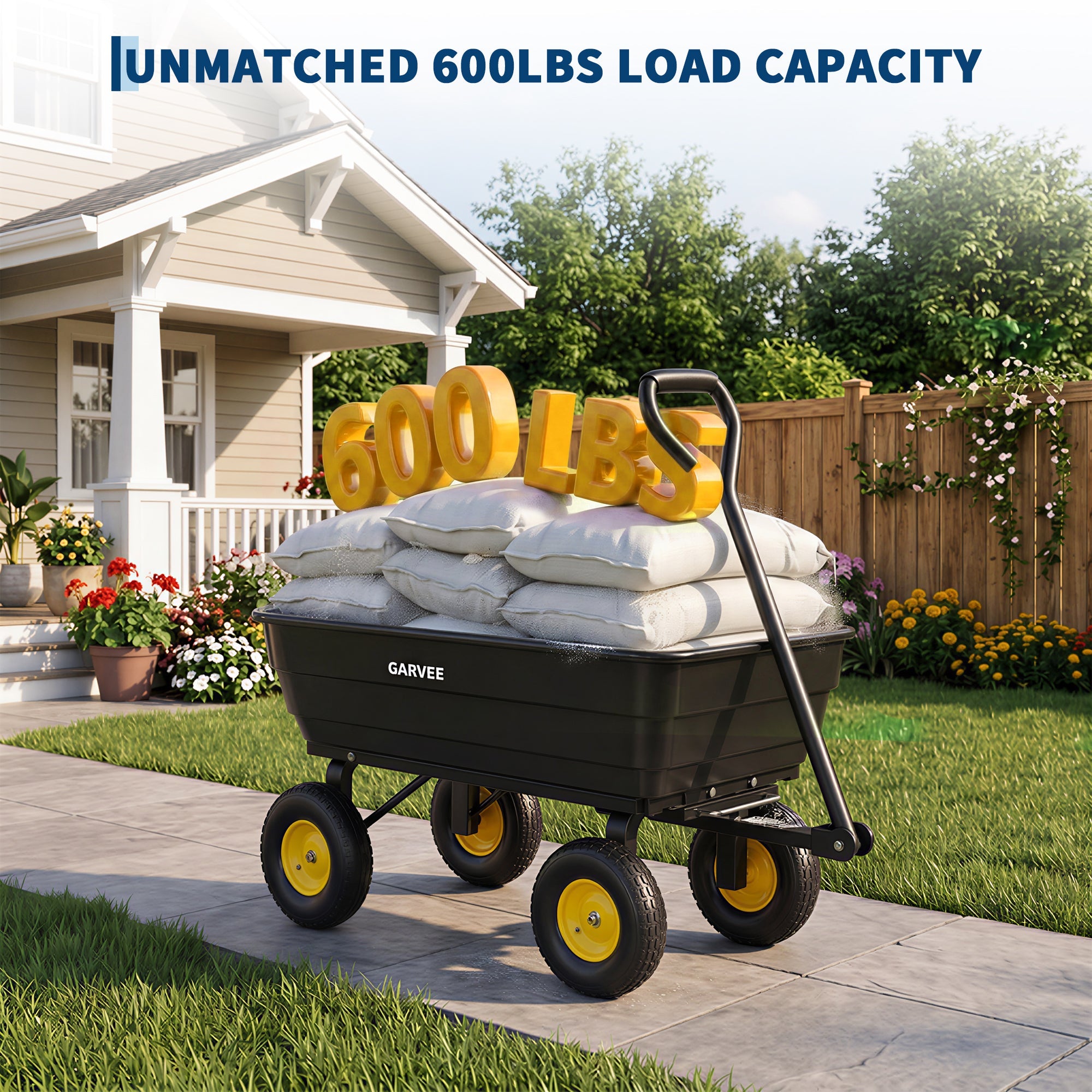 Garvee 600 lb Heavy-Duty Poly Garden Dump Cart, Utility Wagon with Quick-Tilt Dump System, 10" No-Flat All-Terrain Wheels, Convertible Tow Handle & Reinforced Steel Frame for Yard, Soil, Rocks & Landscaping, Black/Yellow