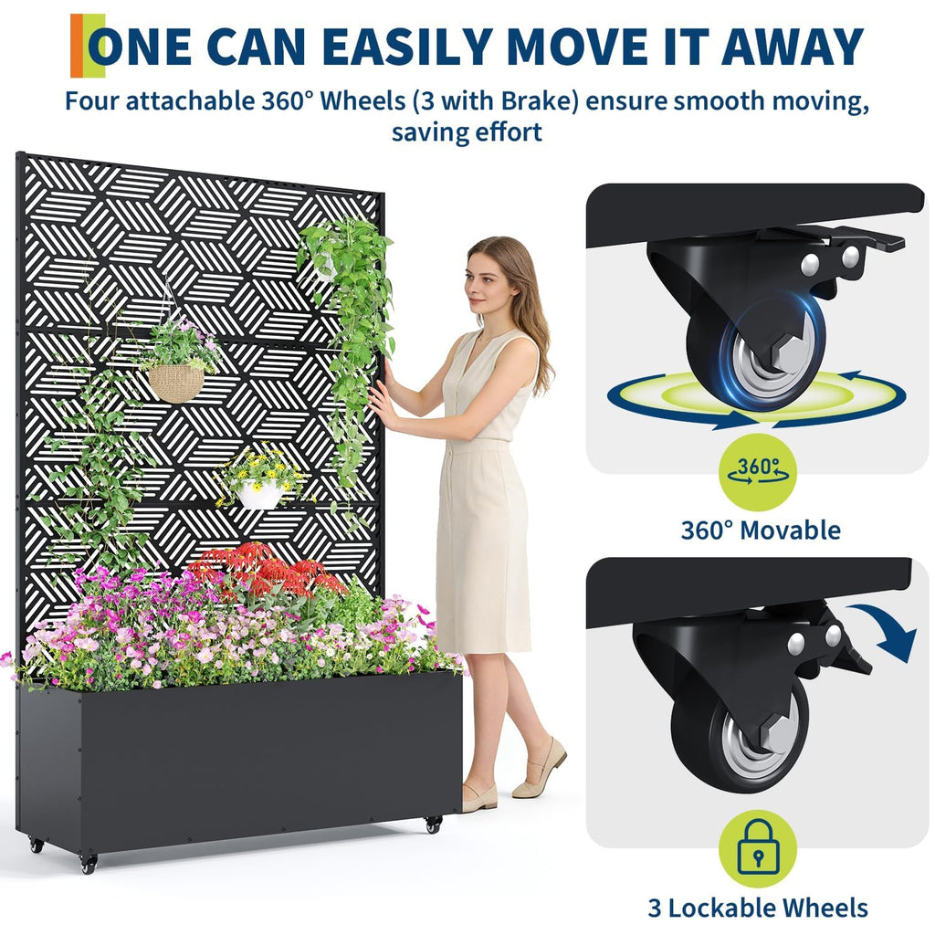 Garvee Metal Planter Box with Trellis and Wheels, 71"x47"x16" Raised Garden Bed for Climbing Plants, Vegetables, Vines, Privacy Planters for Patio with Drainage Holes, 15.7" Deep Planting Bed