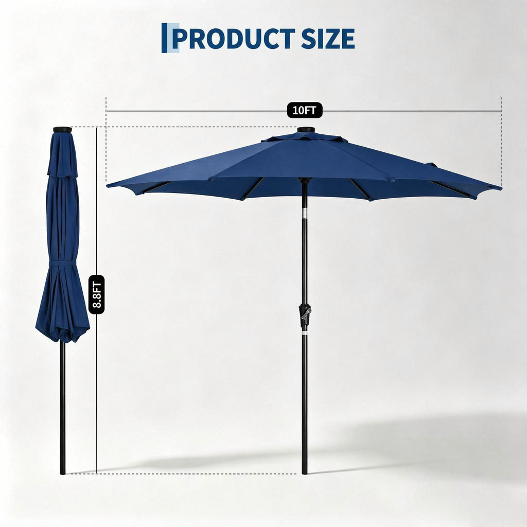 Garvee 10 FT Solar LED Patio Umbrella with 32 Lights, Round Outdoor Market Umbrella with Crank Lift, Push-Button Tilt and 8 Iron Ribs for Table, Deck and Pool, Navy Blue