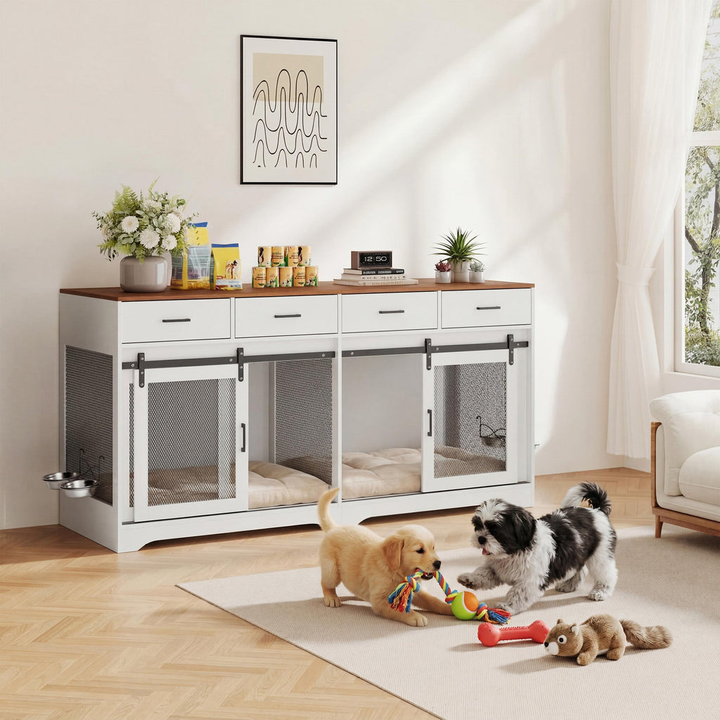 Garvee Multi-Functional Dog Crate Furniture for Medium/Large Dogs – 71'' Indoor Kennel Cage with 4 Sliding Doors, 4 Drawers & Feeding Bowls – Furniture-Style, Walnut & White – US Spec, Color: Walnut+White