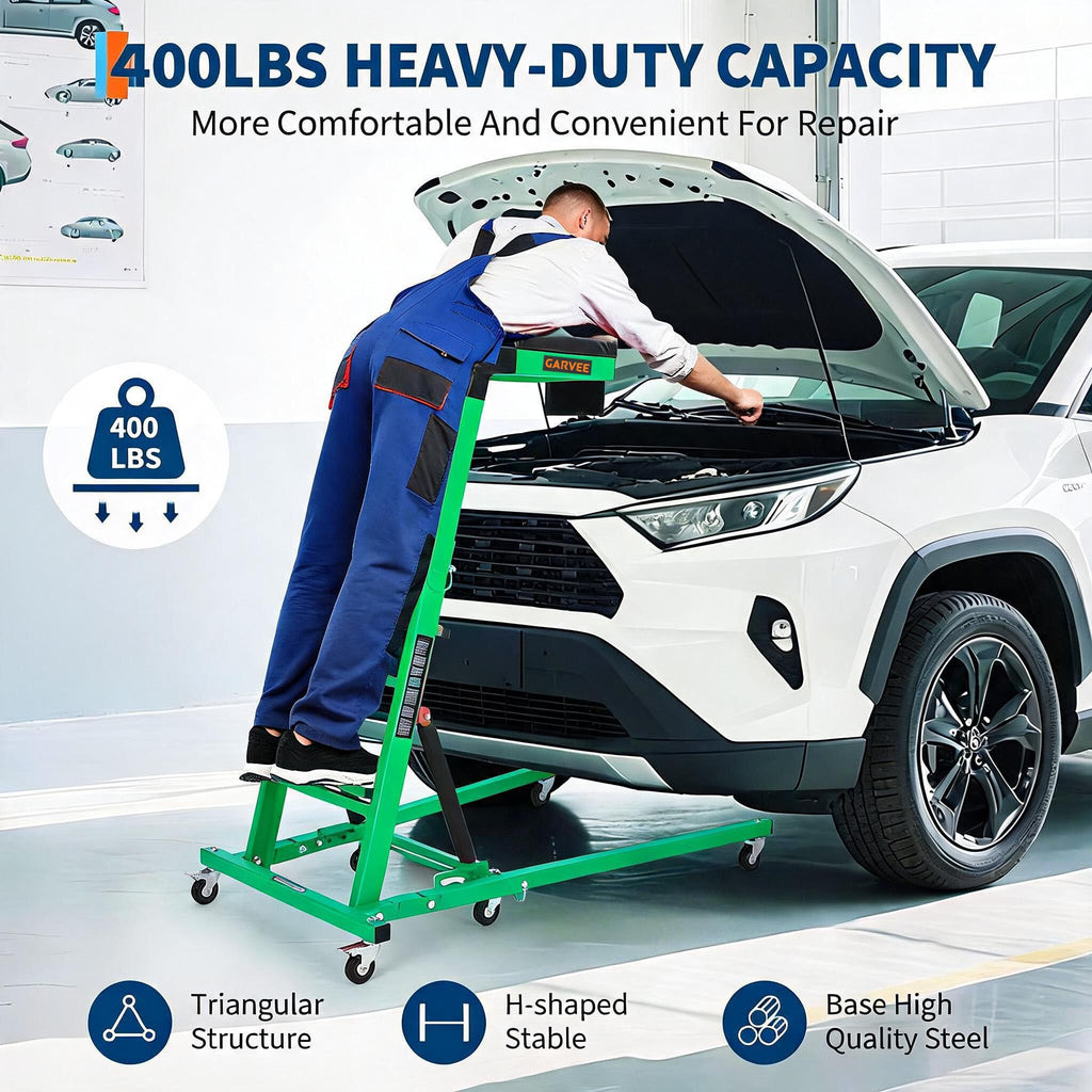 Garvee Heavy Duty Over-Engine Creeper for Mechanics – Adjustable Height 48-68 in, 400 lbs Capacity, Collapsible Design, 6 Swivel Casters, Thick Cushion, Tool Pouch – Ideal for Garage Workshop – Green Engineering (RAL 6024)