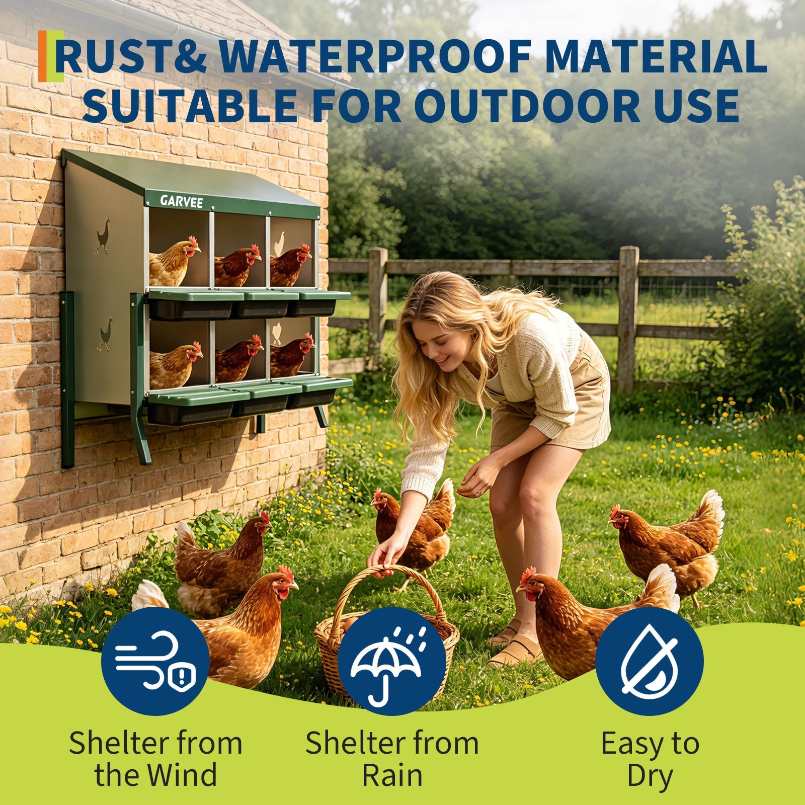 Garvee 6 Compartment Metal Chicken Nesting Box – Heavy Duty, Ventilated, Removable Tray & Perch, Easy Clean, Efficient Egg Collection for Hens, Ducks, Geese – Green with Chicken Design – Size: 6 Compartments, Color: Green (Side Chicken Design)