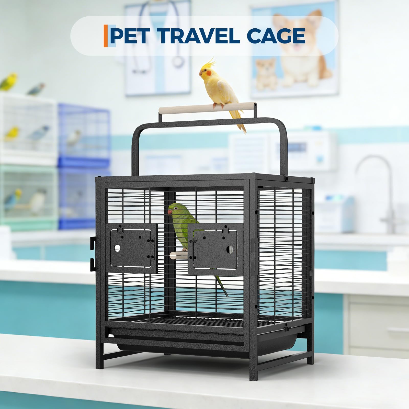 Garvee Portable Small Bird Travel Cage with Tray & Wooden Perch Handle – Ideal Carrier for Parakeets, Cockatiels, Budgies, Lovebirds, Canaries, Conures, Pigeons – Sturdy Black Aviary