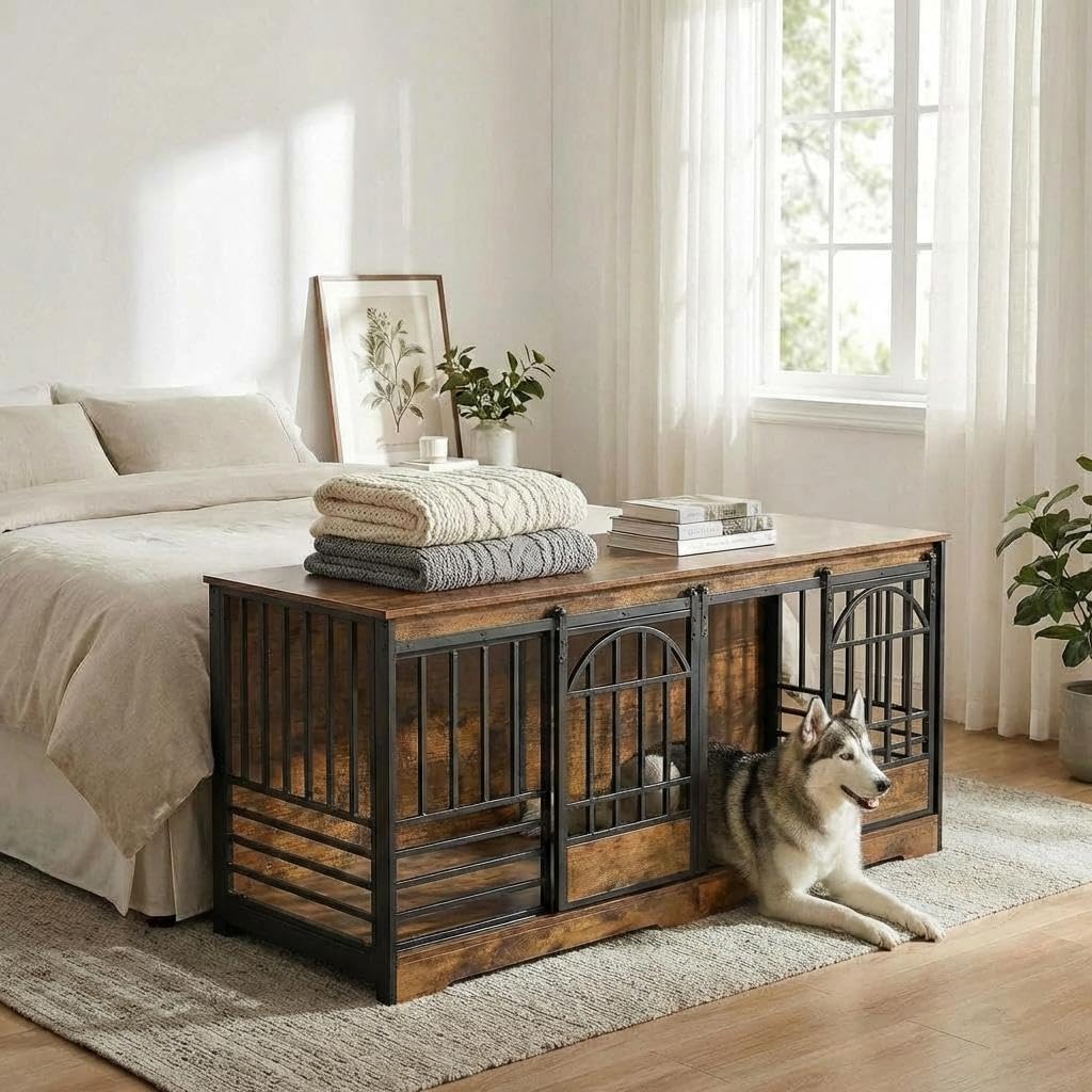 Garvee 78" Extra Large Dog Crate Furniture for 2 Dogs - Double Compartment, Sliding Barn Doors - Engineered Wood, Heavy Duty Steel Bars - Removable Divider, Farmhouse Style - Indoor Living Room, TV Stand