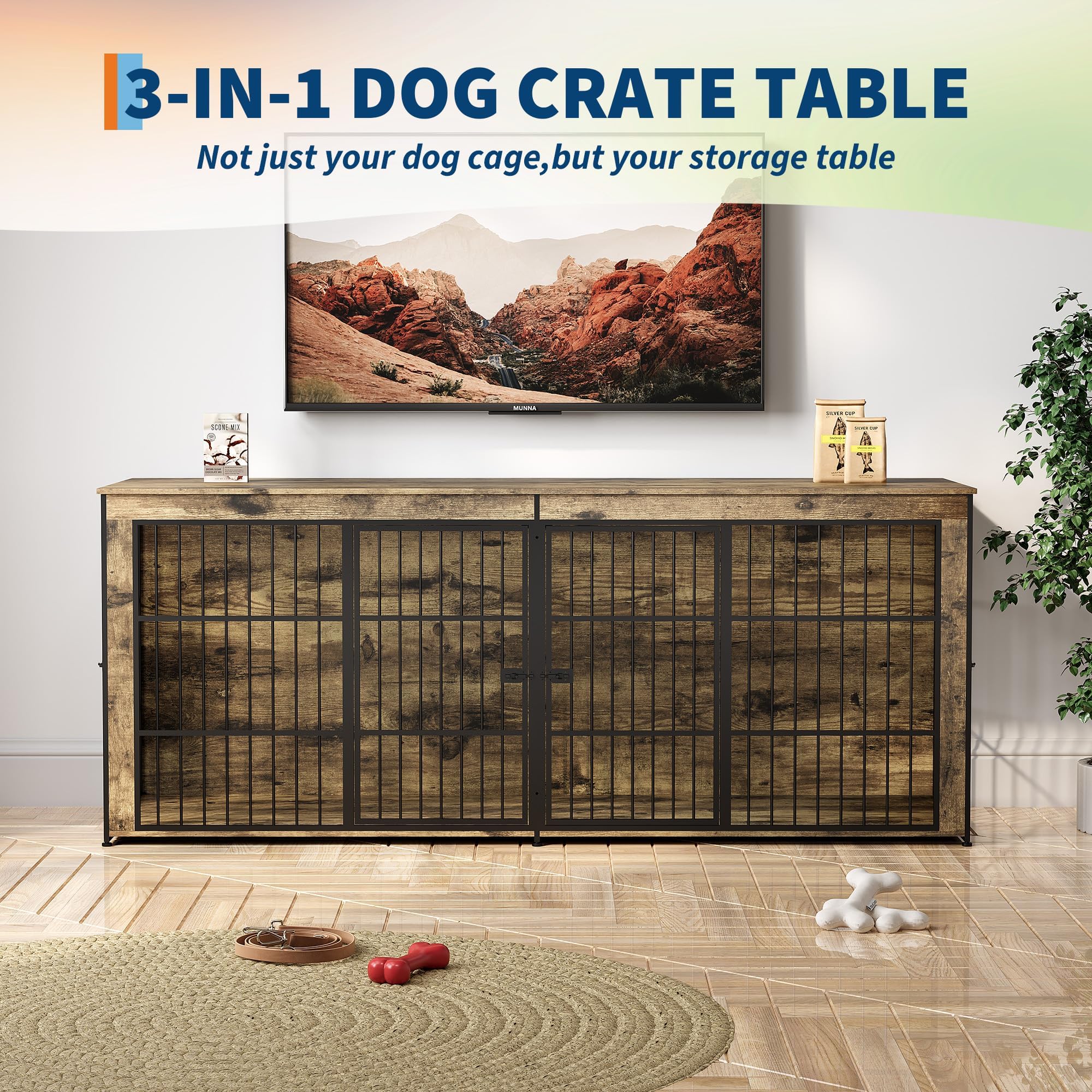 Garvee 94.5" Extra Large Dog House Furniture, Heavy Duty Wooden Dog Kennel Indoor End Table, TV Stand  for Large/Medium Dogs, 4 Doors, Divider, Storage, Adjustable Feet, Vintage Brown