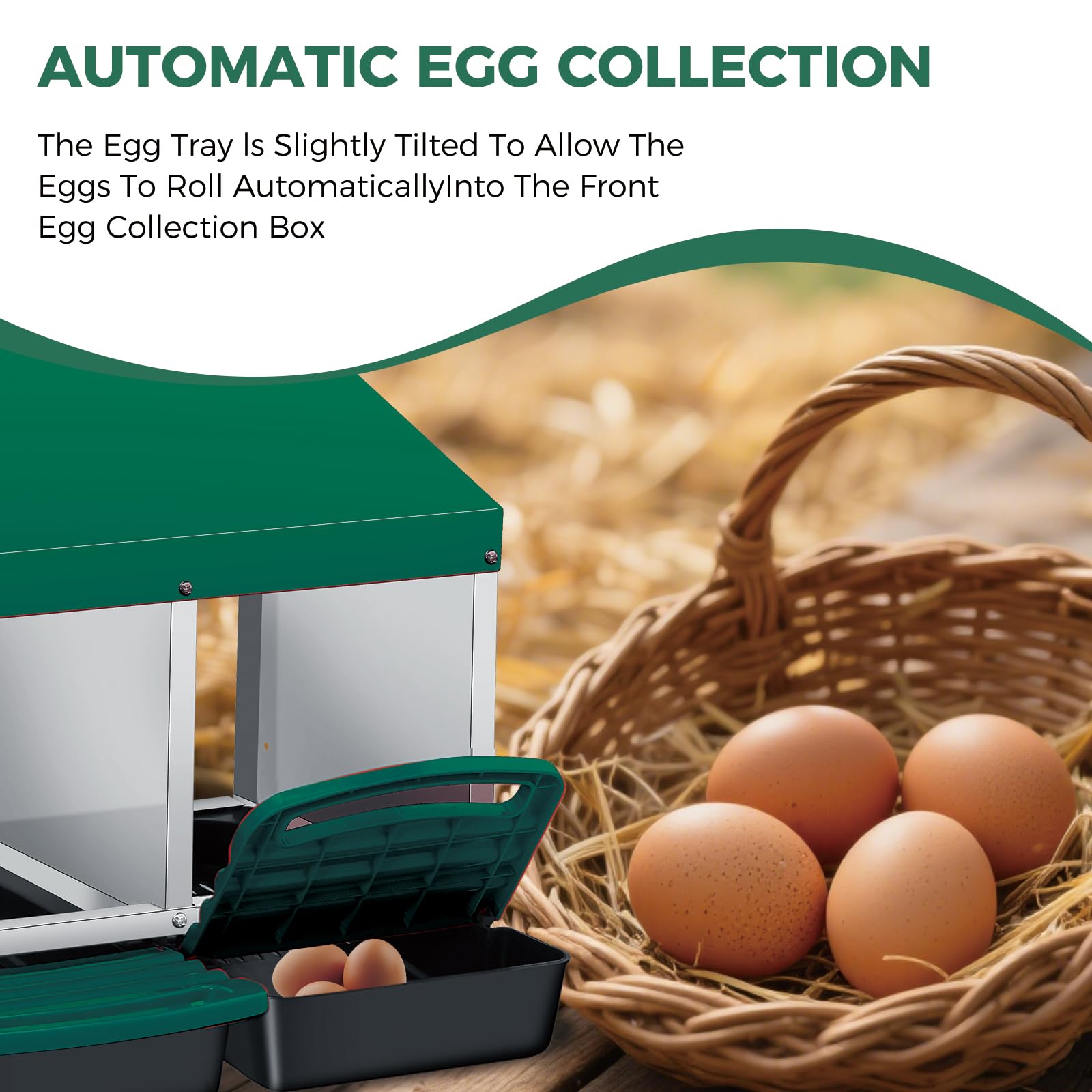 Garvee 3-Compartment Galvanized Steel Chicken Nesting Box – Roll-Away Tray & Support Stand, Green