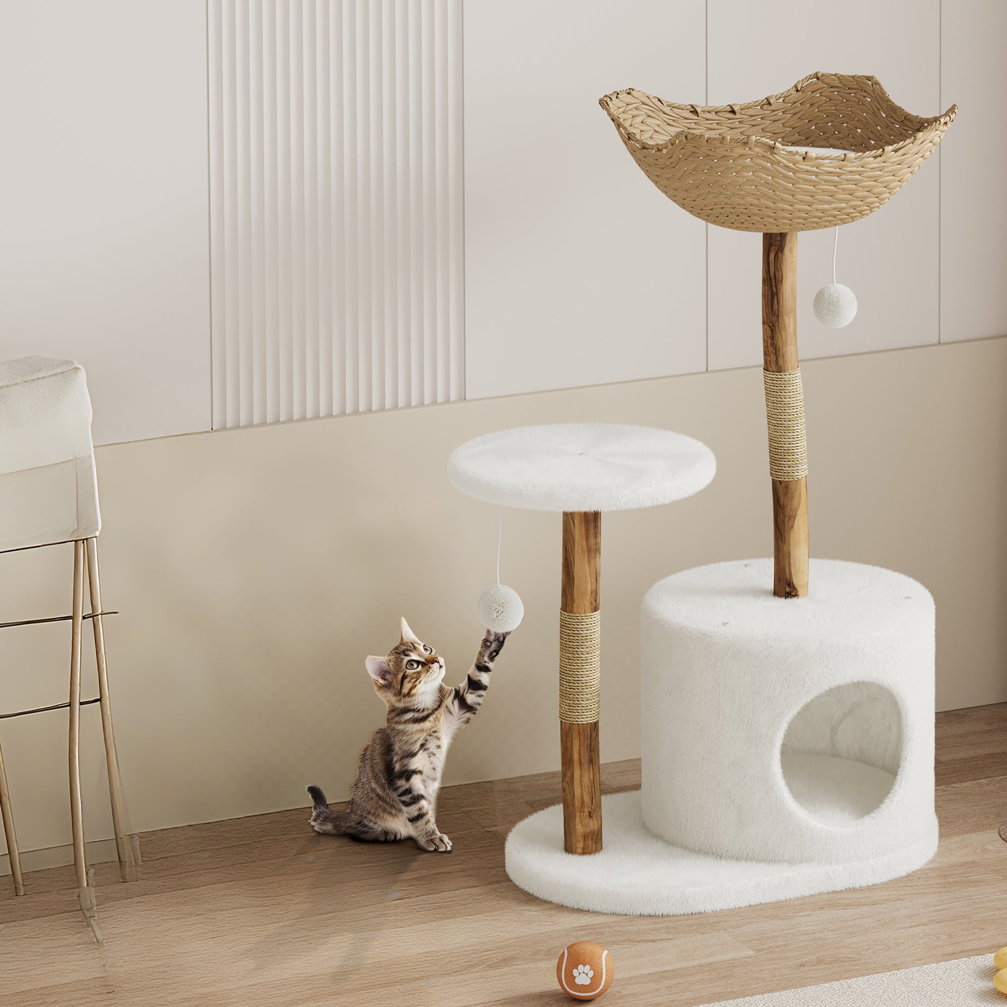 Garvee 46" Modern Cat Tree for Large Cats, Wood Cat Tree Tower with Scratching Posts, Luxury Cat Condo with Scratching Posts and Flower Platforms, Indoor Furniture for Cat Lover Gifts