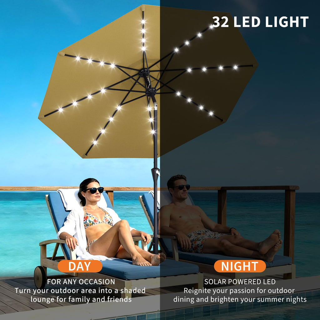 Garvee 10 ft Solar Patio Umbrella with 32 LED Lights, Outdoor Market Umbrella with Crank Lift & Tilt, UV-Resistant Canopy for Pool, Garden & Backyard, Tan