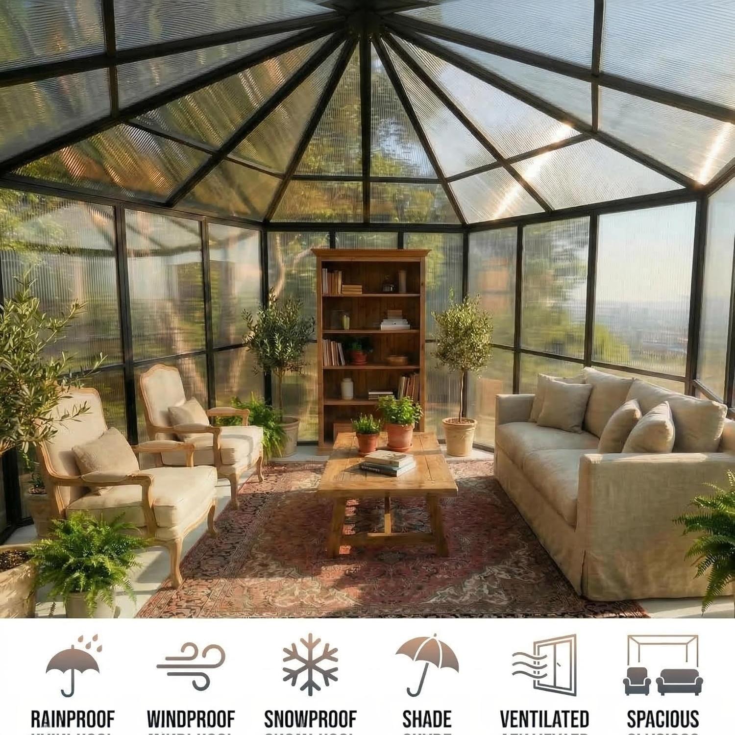 Garvee Hexagonal Walk-In Greenhouse 12×10×8 ft, 4mm UV-Resistant Polycarbonate Panels, 2 Vents & Dual Lockable Doors for Backyard Garden