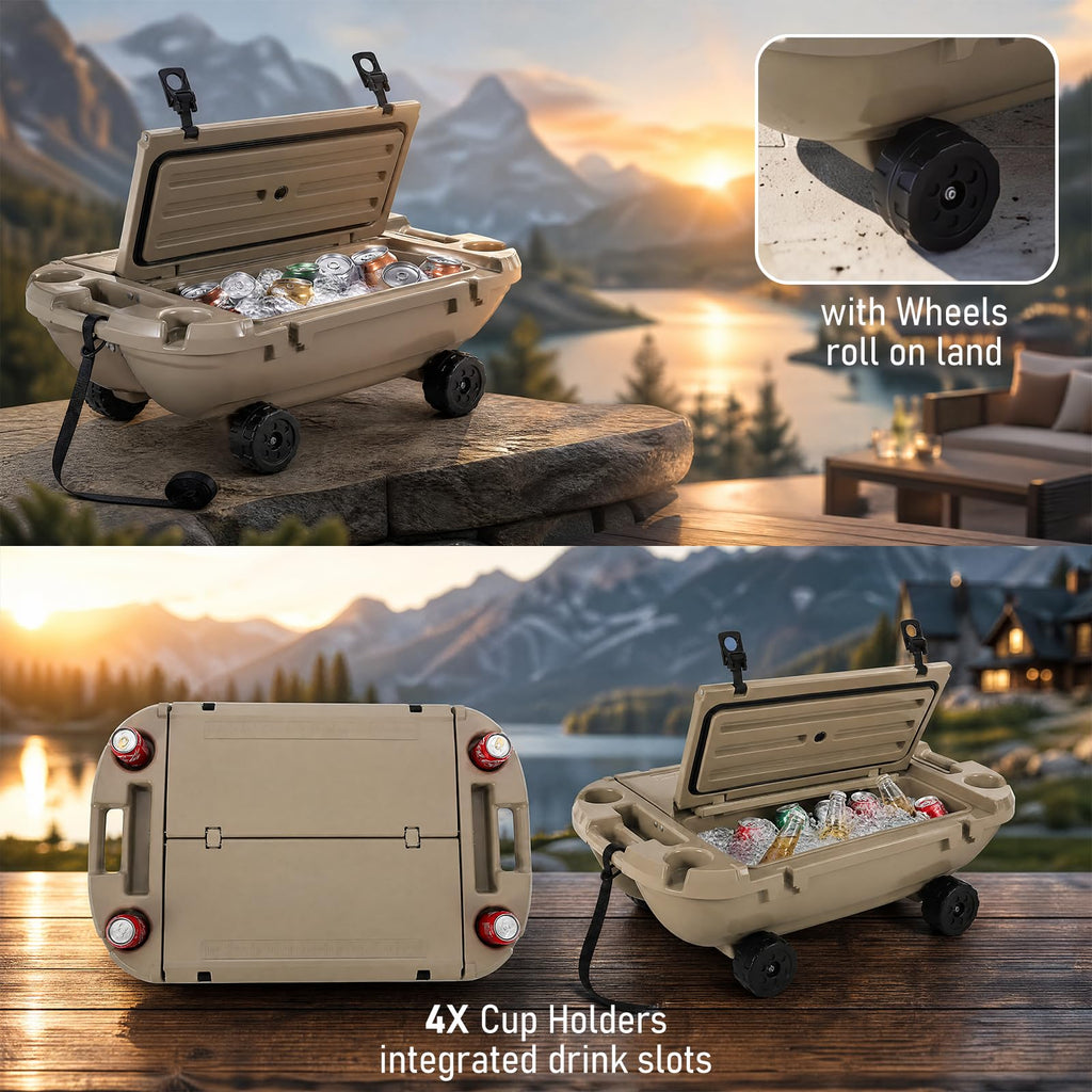 Garvee 40L Floating Cooler with Wheels, 42.5QT Rotomolded All-Terrain Ice Chest with Tow Rope & 4 Cup Holders, Drift Mobile Beverage Cooler for River, Pool, Beach, Kayak, Cool Gray,  Khaki