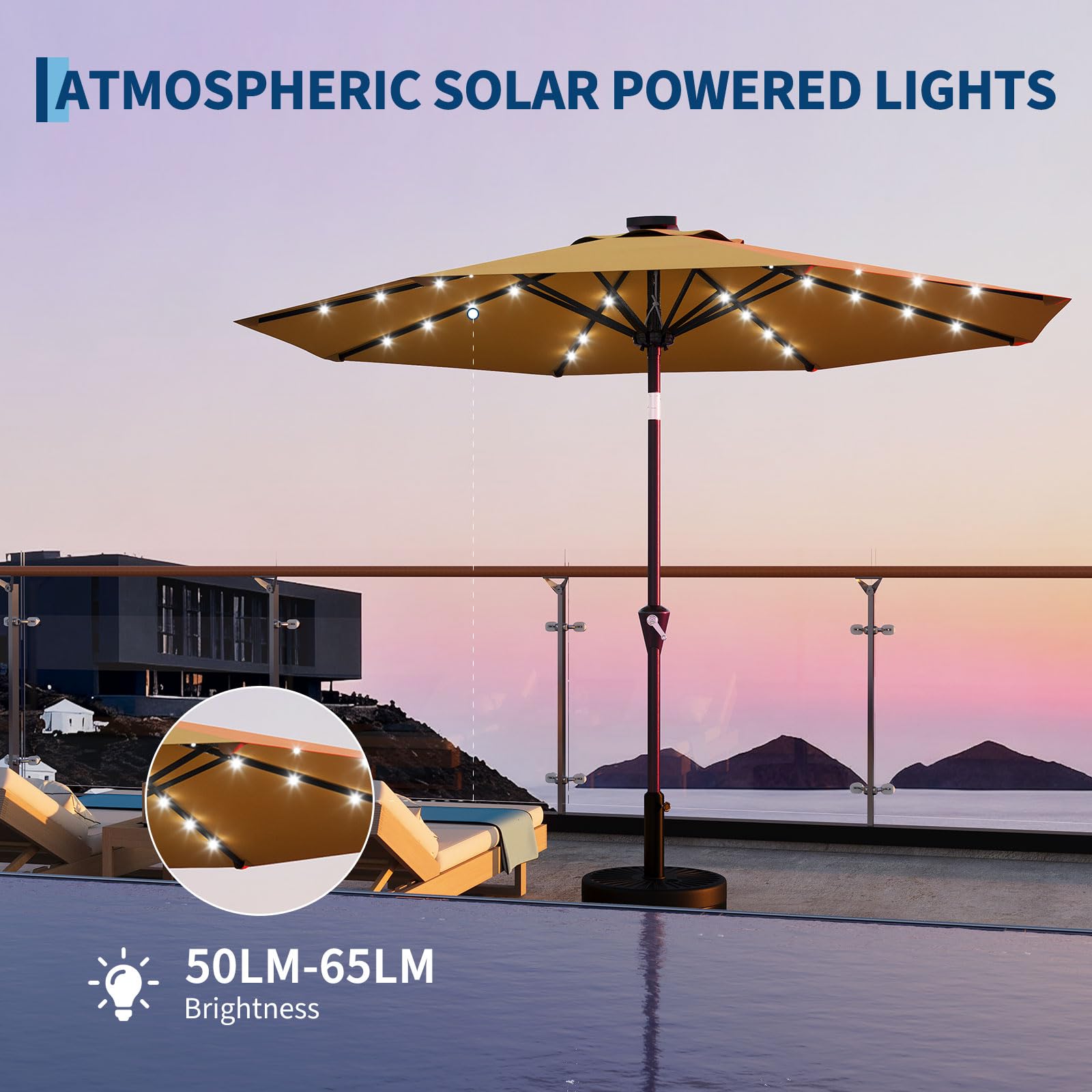 Garvee 10 ft Solar Patio Umbrella with 32 LED Lights, Outdoor Market Umbrella with Crank Lift & Tilt, UV-Resistant Canopy for Pool, Garden & Backyard, Yellow