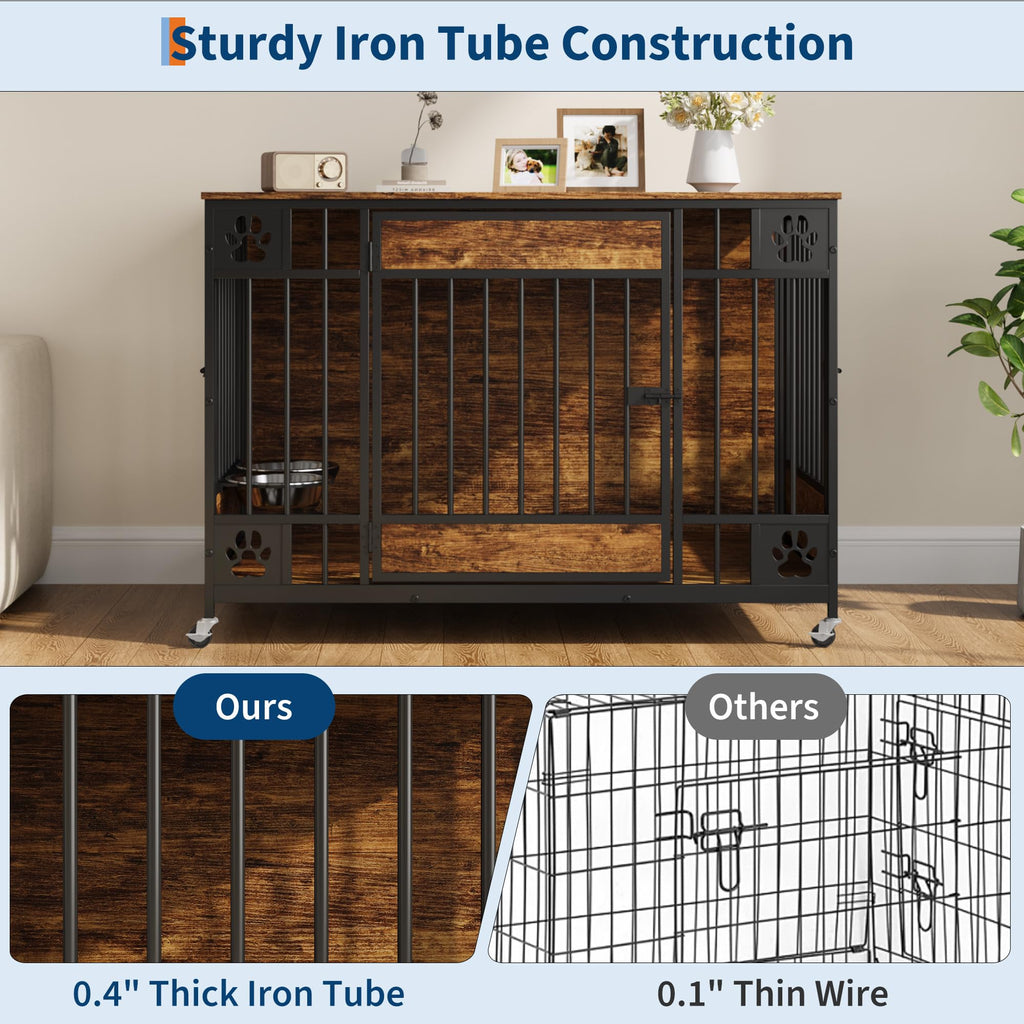 Garvee Modern Triple Door Dog Crate Furniture – 41" Heavy Duty Wooden Kennel with Feeding Bowls & Wheels – End Table Pet Cage for Medium & Large Dogs – Antique Brown