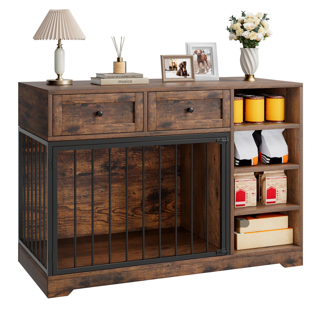 Garvee 47" Dog Crate Furniture Indoor with 2 Drawers & 4 Shelves, Large Dogs Kennel Furniture TV Stand, Wooden Dog Cage for Large Medium Dogs, Brown