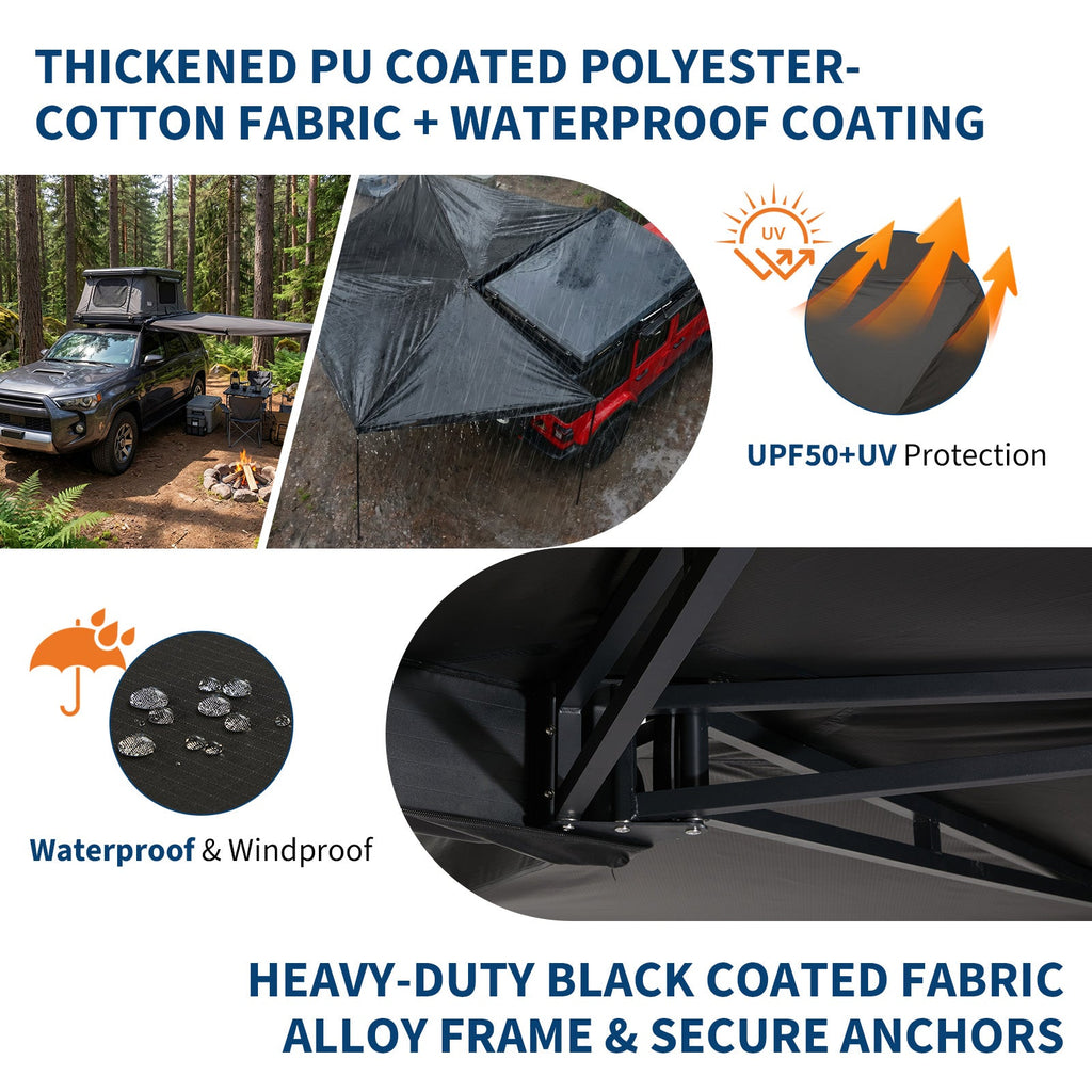 Garvee Heavy Duty 270° Vehicle Awning - 2M Waterproof Blackout Sun Shelter, Ripstop Oxford for SUV Truck Camping - Black, Driver Seat