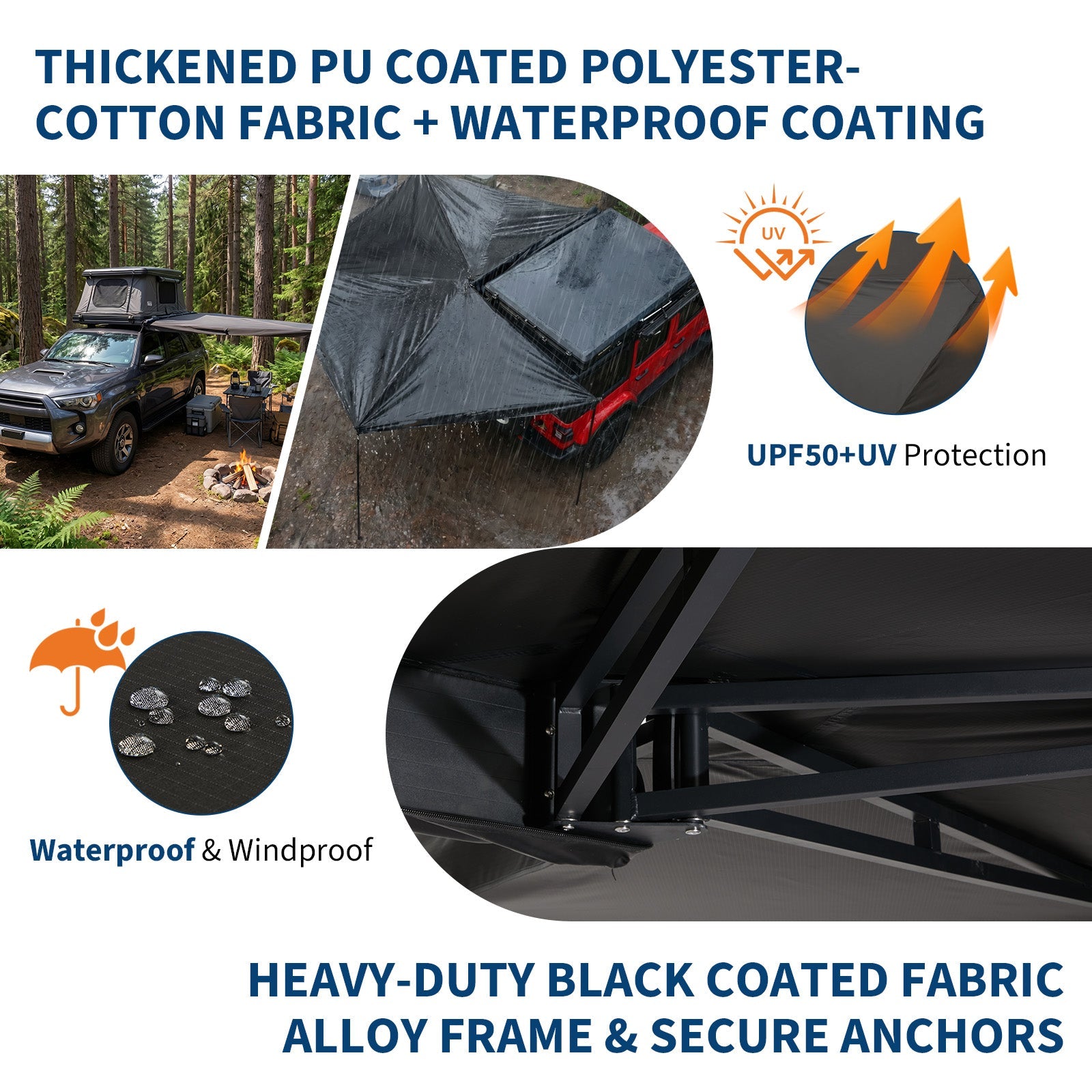Garvee Heavy Duty 270° Vehicle Awning - 2M Waterproof Blackout Sun Shelter, Ripstop Oxford for SUV Truck Camping - Black, Driver Seat