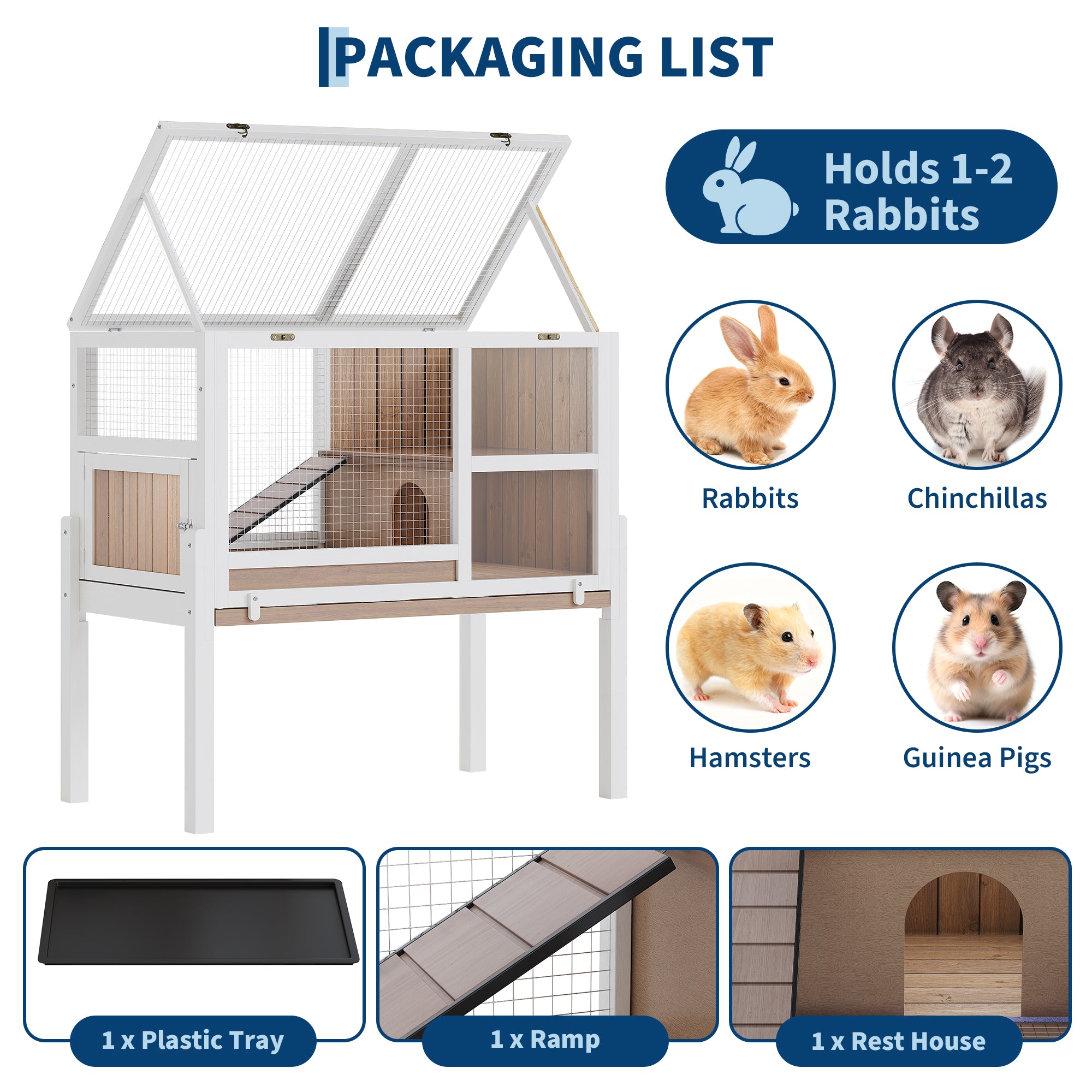 Garvee 38" Wooden Guinea Pig Cage with Stand, 2-Story Small Animal Habitat with Clear View Panels, Pull-Out Tray & Lockable Door, Rabbit Hutch, White