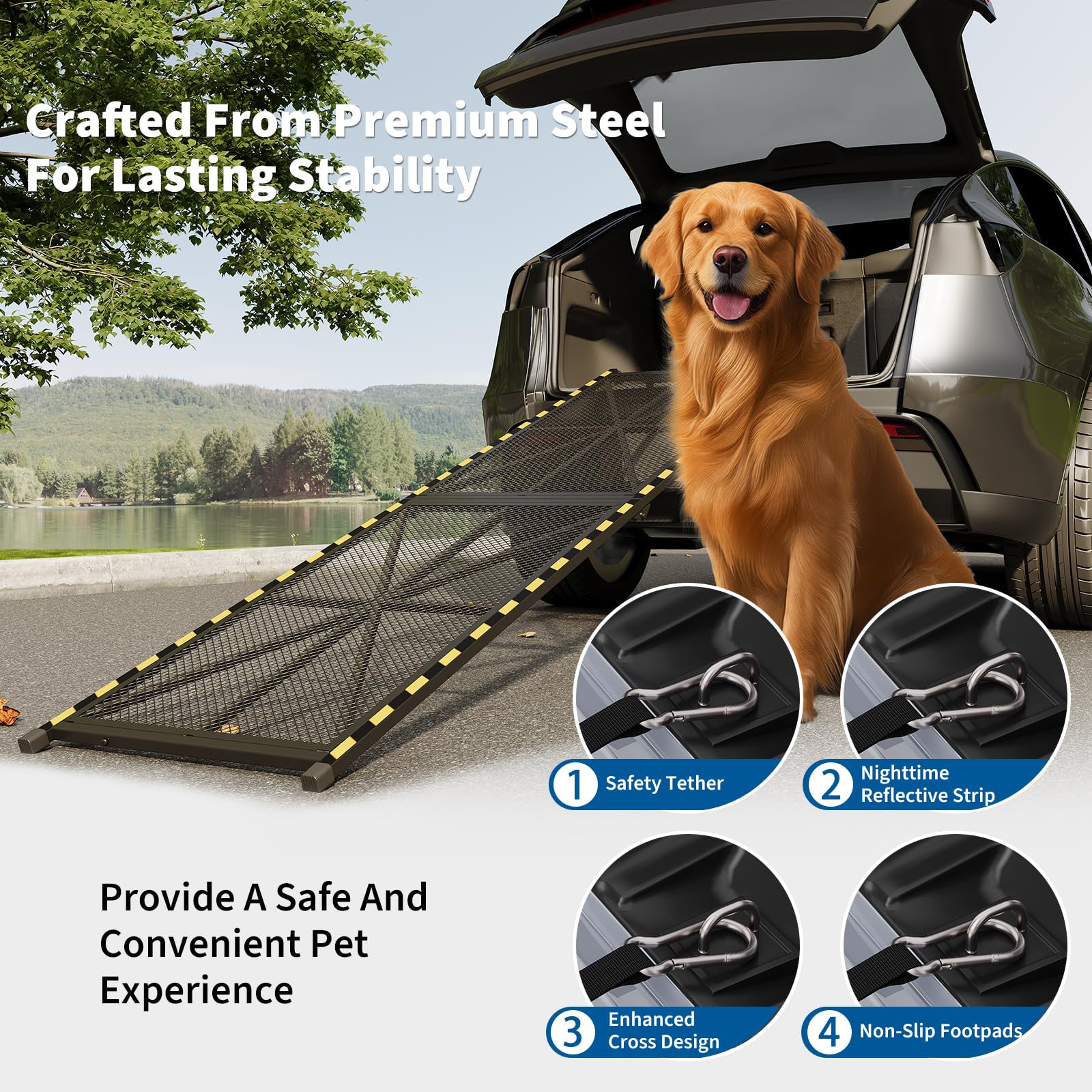 Garvee 63"×20" Portable Dog Ramp for Cars,  Heavy Duty Steel Folding Pet Ramp for Large Dogs with Anti-Slip Mesh Incline Access Car Ramp for SUV/Truck/RV, Outdoor Dog Ramp 300 lbs Capacity