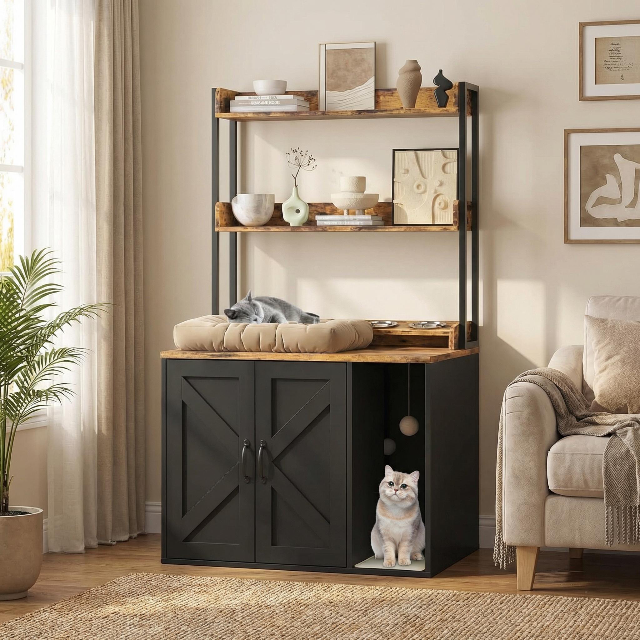 Garvee 55" H Cat Litter Box Enclosure Hidden Litter Box Furniture, Wooden Cat House with 2 Storage Shelves and Charging Sockets, Large Indoor Cabinet for Living Room Entryway, Black& Brown