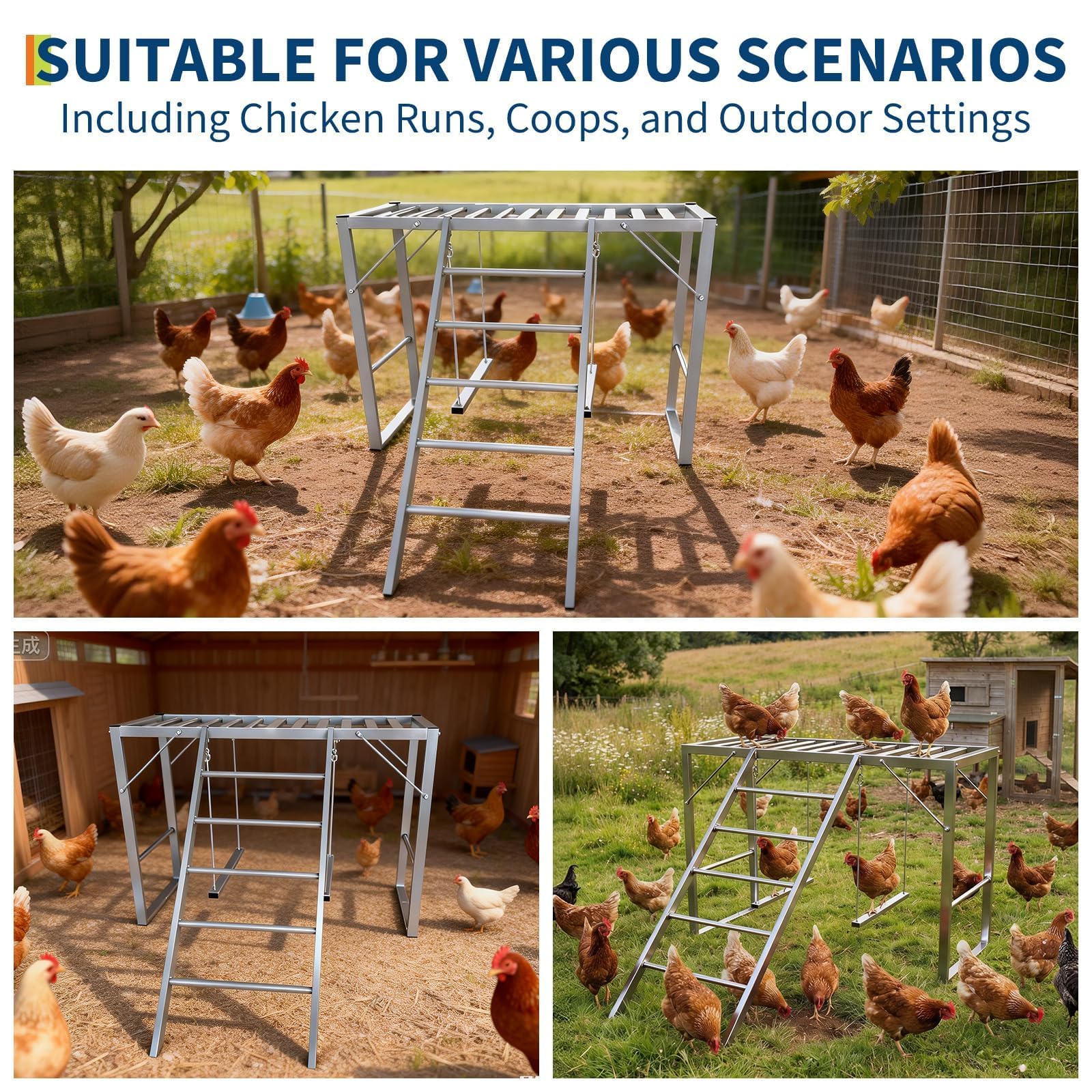 Garvee Metal Chicken Roosting Bars with Swing & Ladder, Heavy Duty, Weatherproof Carbon Steel, 4-Tier Exercise Perch, Silver, for Backyard Farms