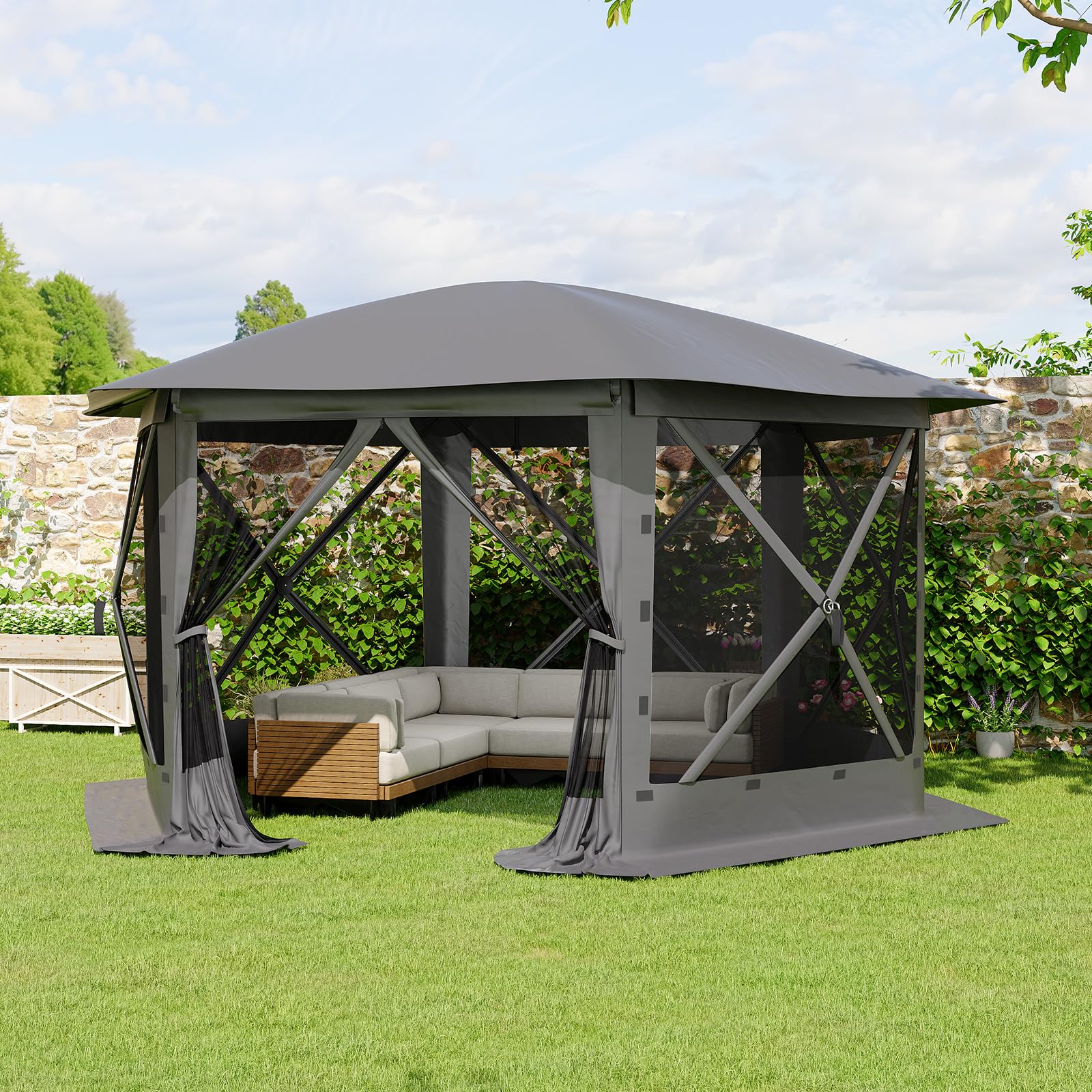 Garvee 13x13 FT Pop Up Gazebo Screen Tent, 112 Sq. Ft. 6-Sided Canopy with 6 Removable Wind Panels, UPF 50+ Mesh Shelter for Patio, Camping & Backyard, Gray