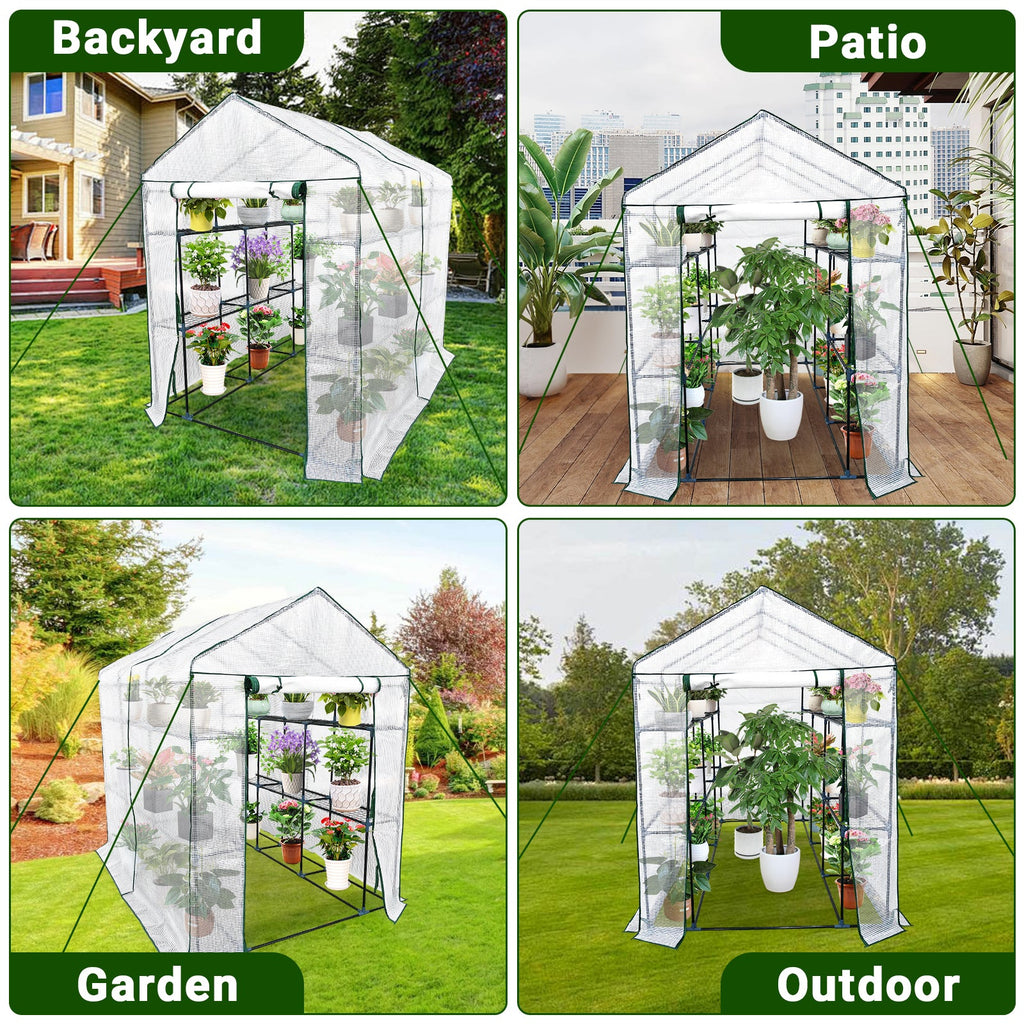 Garvee Large Walk-In Outdoor Greenhouse – 9 Shelves, Heavy-Duty Steel Frame, Roll-Up Zippered Door, Anchors & Ropes, Portable Plant House – Perfect for Garden, Patio, Backyard – White, 143×215×195cm