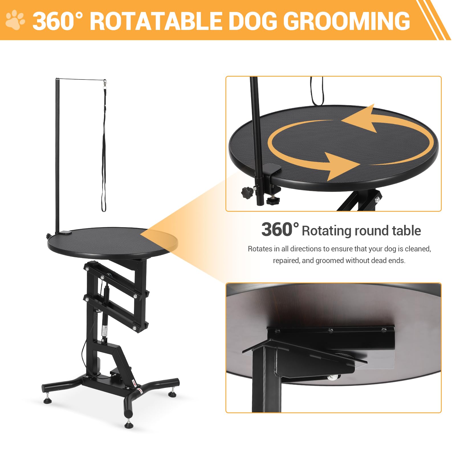 Garvee 24" Hydraulic Dog Grooming Table, Heavy Duty 360° Rotating Grooming Table Adjustable Overhead Arm & Noose for Small Dogs, Round Pet Grooming Station, 210 Lbs Weight Capacity, Black