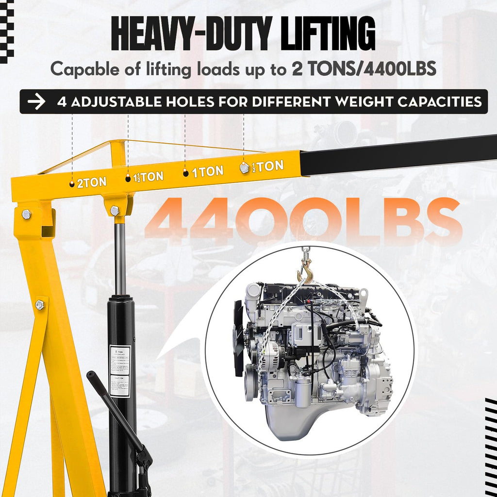 Garvee 2 Ton Hydraulic Folding Engine Hoist Cherry Picker - Heavy Duty 4400 lbs Shop Crane - Telescopic Boom & 6 Casters - Industrial Garage Engine Lift Jack - Yellow | Packaged