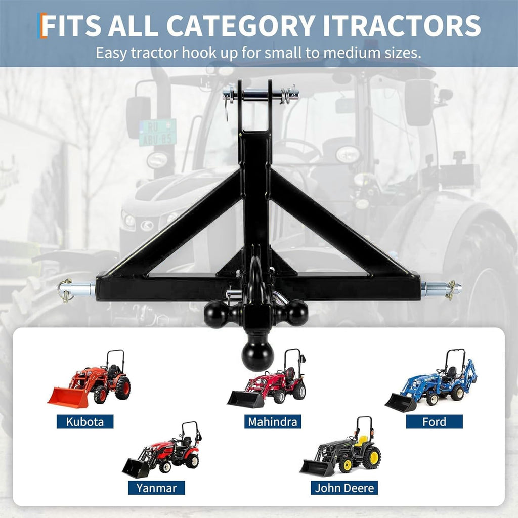 Garvee 3 Point Trailer Hitch 2" Receiver with Towing Ball & Hook Heavy Duty Cat.1 Steel Quick Hitch Attachment for Kubota Subcompact Tractor Farm Use