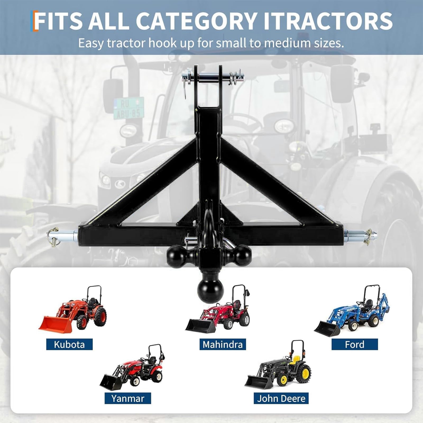 Garvee 3 Point Trailer Hitch 2" Receiver with Towing Ball & Hook Heavy Duty Cat.1 Steel Quick Hitch Attachment for Kubota Subcompact Tractor Farm Use