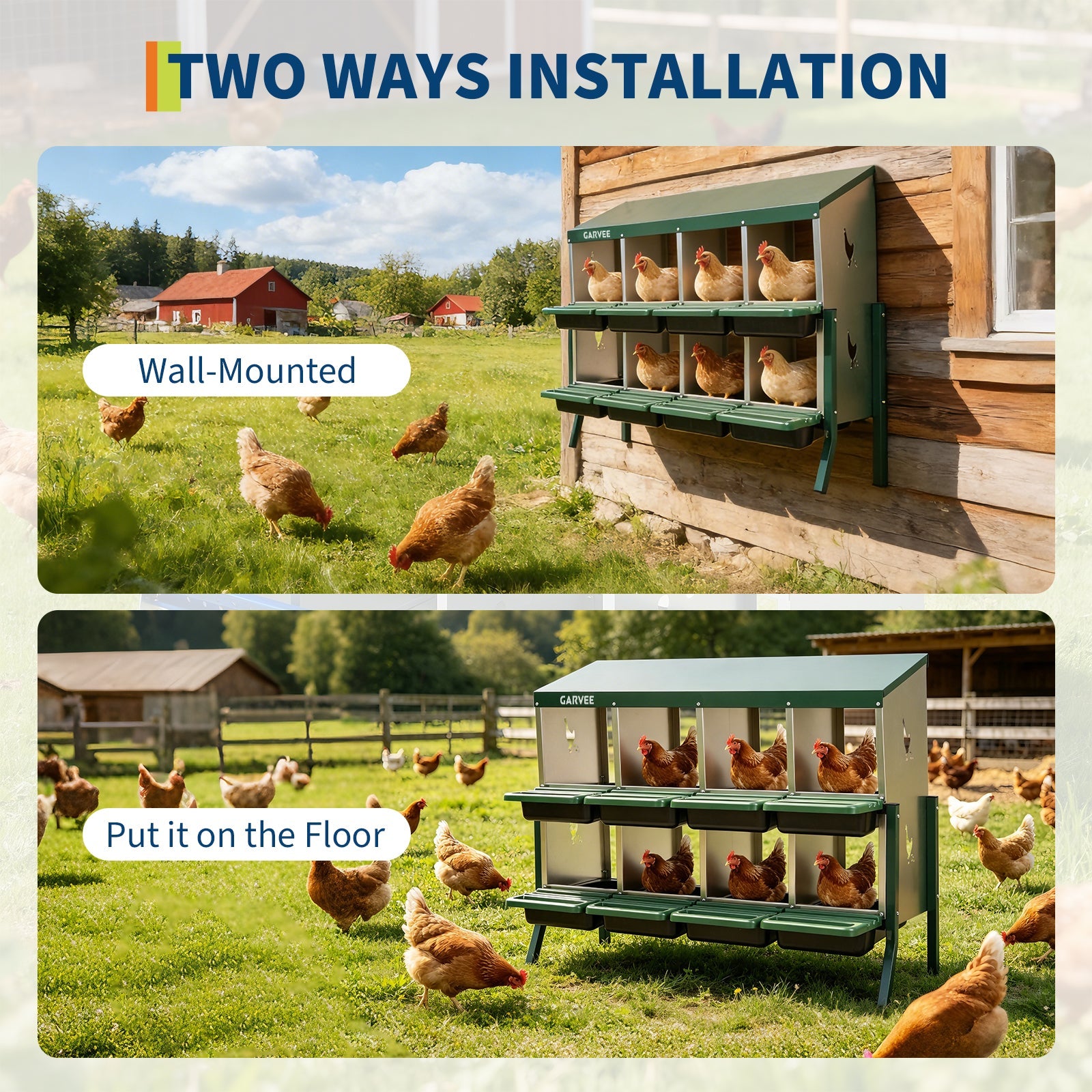 Garvee 8 Compartment Metal Chicken Nesting Box – Galvanized, Ventilated, Roll Away Egg Collection, Removable Tray, Perch, Easy Clean for Hens, Ducks, Geese – Green with Chicken Design – Size: 8 Compartments, Color: Green (Side Chicken Design)