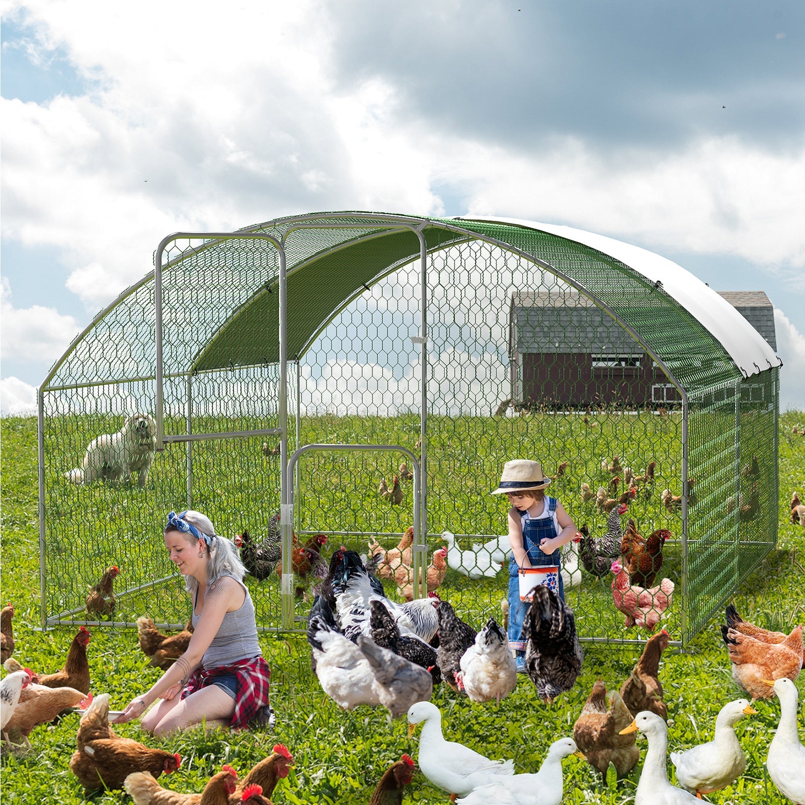 Garvee Heavy Duty Large Metal Chicken Coop - Walk-In Poultry Cage with Dome Roof, Secure Lock, Double Doors, Waterproof & UV-Resistant Cover - Outdoor Hen House, Size: 9.8' W x 13.1' D x 6.6' H