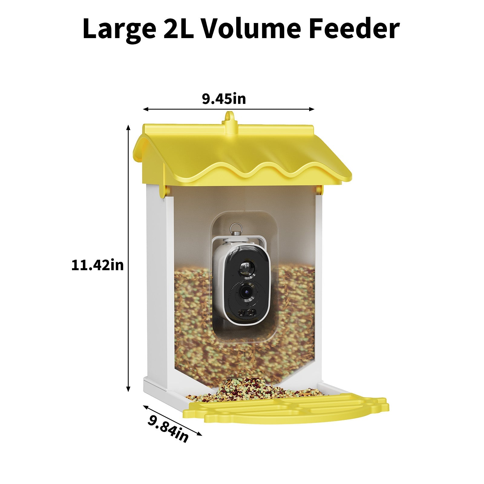 Garvee Smart Bird Feeder with 2.5k Camera & AI Recognition, Solar Powered, 67 Fl.Oz Capacity, Night Vision, App Alerts, Auto Capture Photos/Videos for Bird Watching, Squirrel Deterrent, Yellow