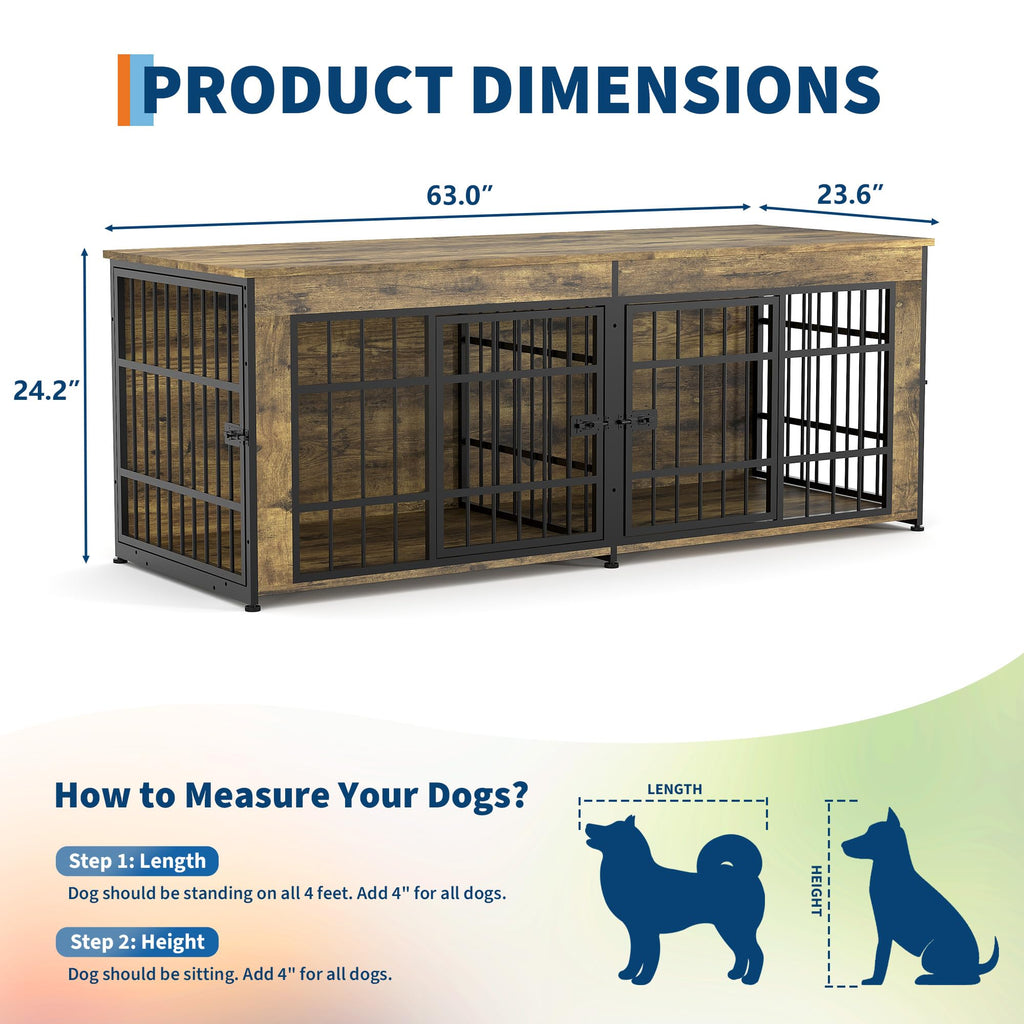 Garvee Double Dog Crate Furniture with Divider – Heavy Duty Wooden Indoor Kennel End Table – 3-in-1 Pet House for Large/Medium Dogs – Metal Doors, Adjustable Feet, Easy Assembly – Tiger Wood