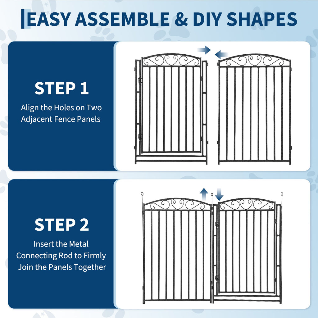 Garvee Heavy Duty Outdoor Decorative Fence Panel for Yard & Garden – 47" Metal Dog Playpen with 1 Door, 8 Panels, Black with Silver Floral Design – Black Base with Silver Design, 8 Pieces