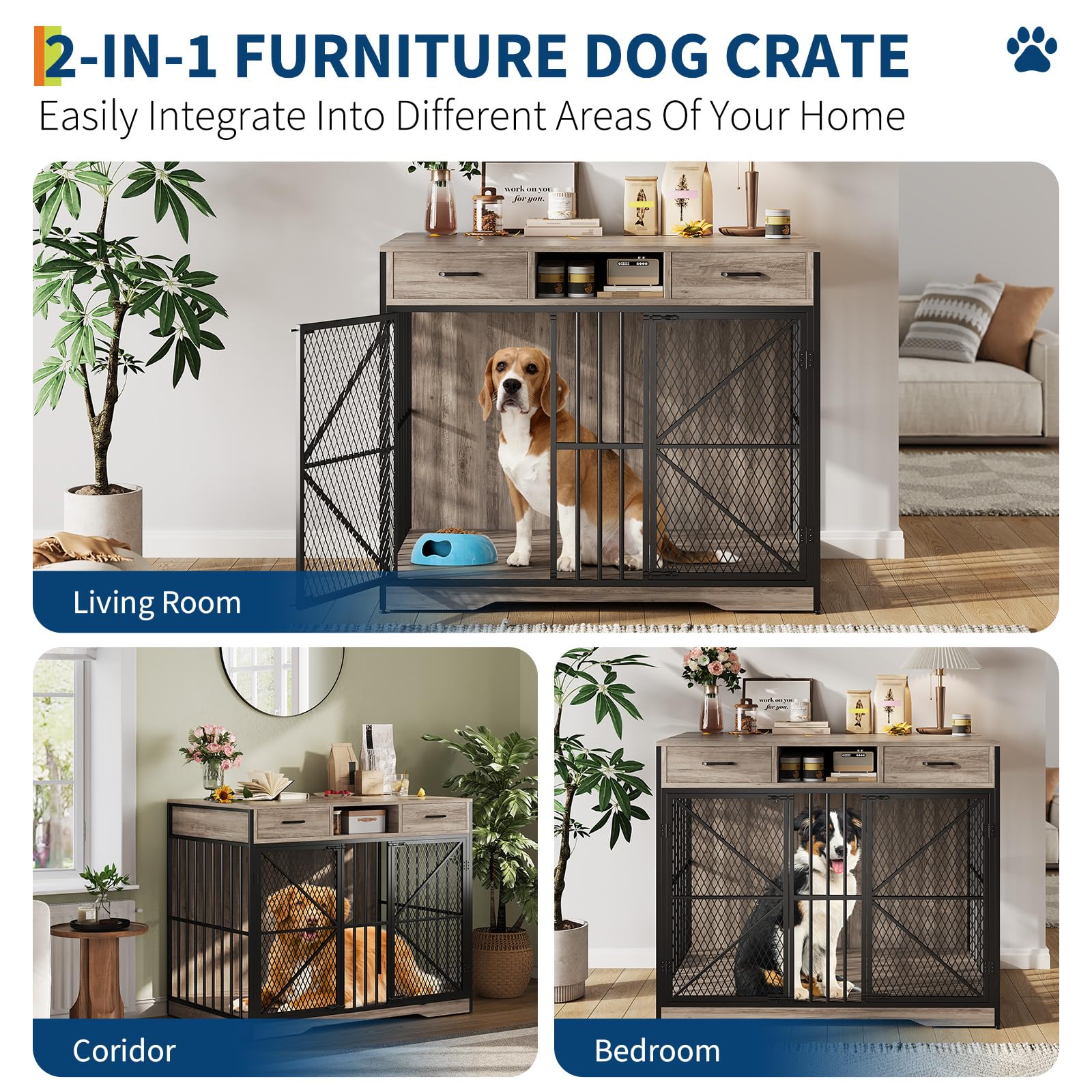 Garvee 44 Inch Dog Crate Furniture with Drawers, Wooden Dog Cage with Open Compartment & Double Doors, Heavy Duty Indoor House End Table for Small Medium Large Breeds, Vintage Brown & Black