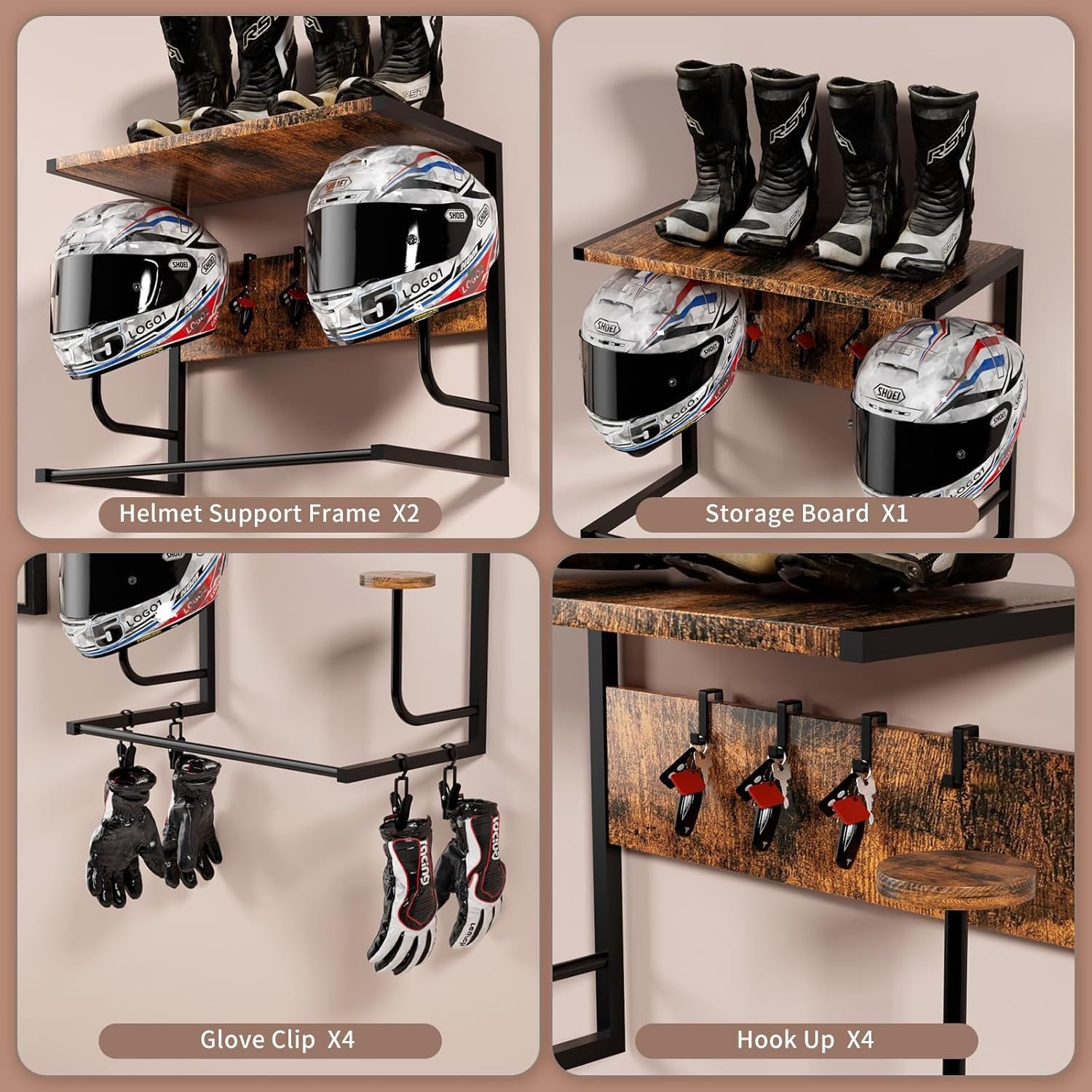 Garvee Wall-Mounted Helmet Rack Organizer for Motorcycle & Cycle – 4 Holders with 4 Integrated Hooks – Sturdy Space-Saving Storage for Garage or Entryway – Easy Install – Melamine Board