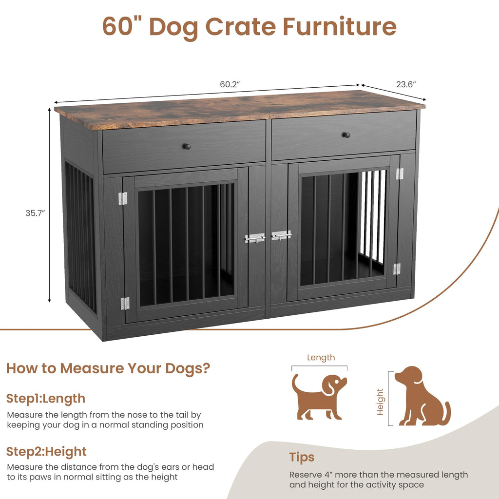 Garvee 60" Dog Crate Furniture for 2 Dogs, Heavy Duty Dog Kennel Furniture TV Stand with 2 Drawers, Dog Crates for Small Medium Dogs, Dog Cage End Table for Indoor Use, Black