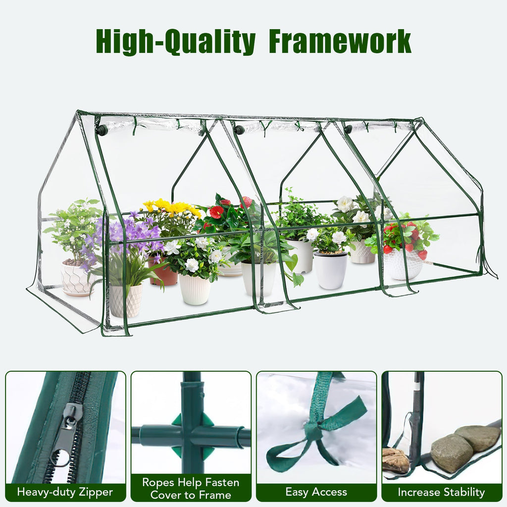 Garvee Mini Greenhouse 96" x 36" x 36", 0.09 mm Clear PVC Cover, Powder-Coated Steel Frame, Roll-Up Zipper Door for Outdoor Garden Plants