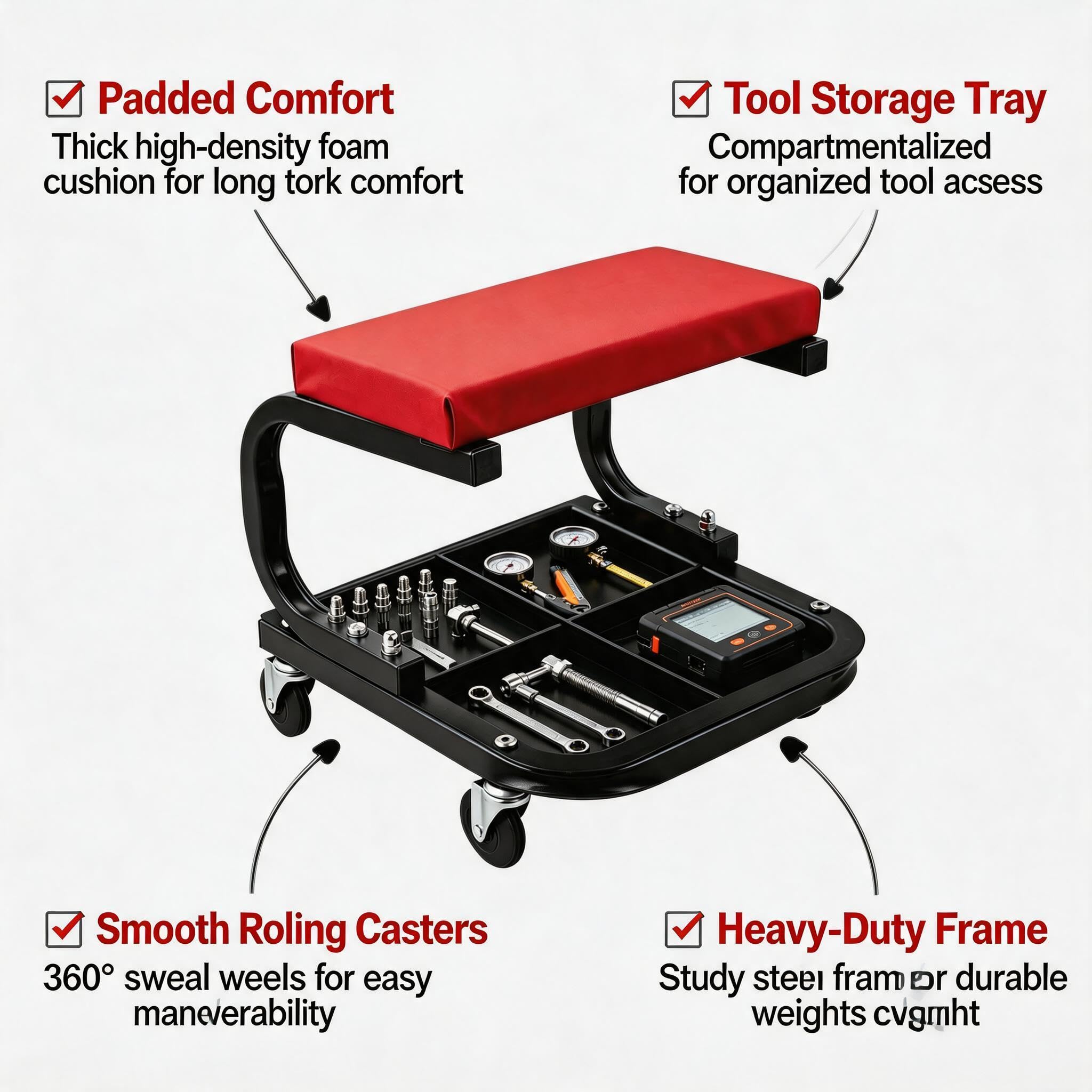 Garvee Heavy Duty Rolling Mechanic Creeper Seat – 250 lbs Capacity – Padded Garage Workshop Stool – Built-in Tool Tray – Comfortable & Durable, Black Red