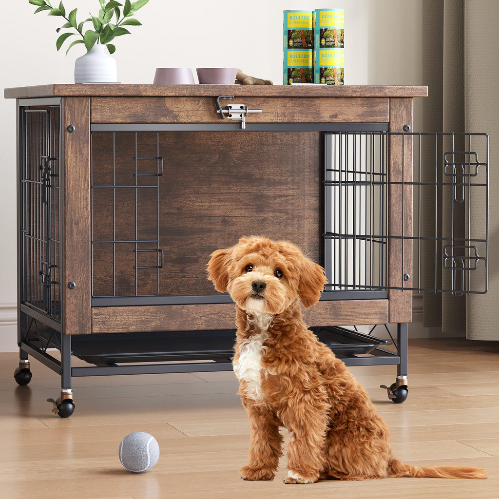 Garvee Small Dog Crate Furniture with 2 Doors and Wheels, Top-Opening Heavy Duty Wooden Indoor Kennel Dog House Cage with Anti-Chew, Removable Tray, Side End Table for Small Medium Dogs, Brown