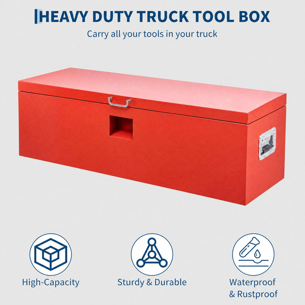 Garvee 48"X16"X14" Heavy Duty Lockable Steel Truck Bed Toolbox – Dual Lids, Weatherproof Powder-Coated, Gas Struts, Front & Side Handles for Pickup, RV, Trailer, REd